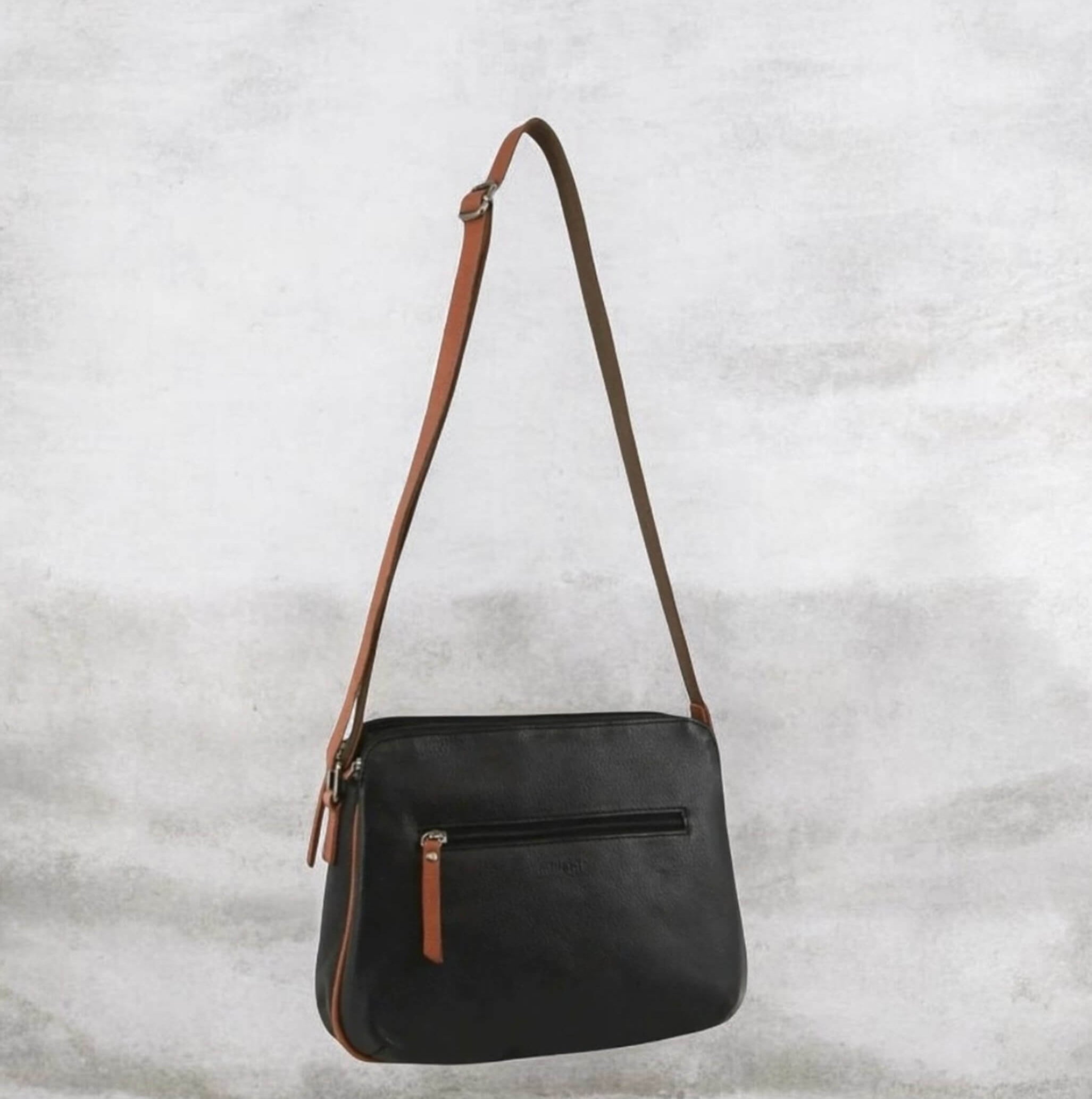 Milleni Ladies Nappa Leather Crossbody Bag in Black/Cognac