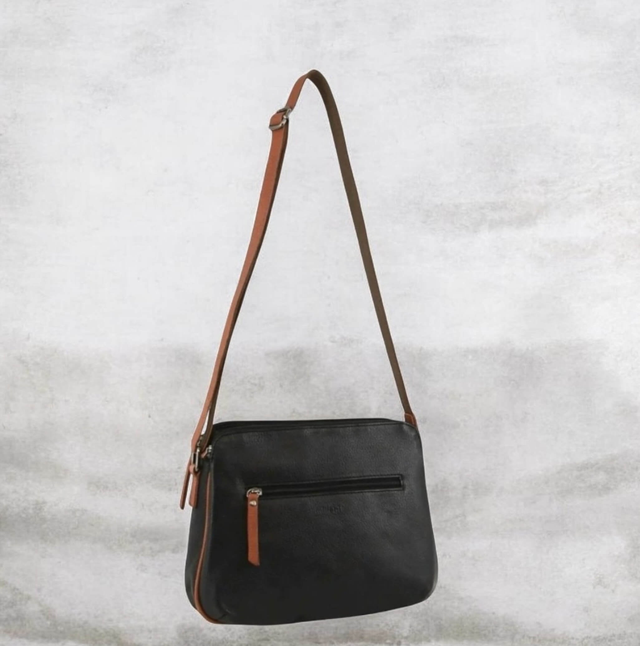 Milleni Ladies Nappa Leather Crossbody Bag in Black/Cognac