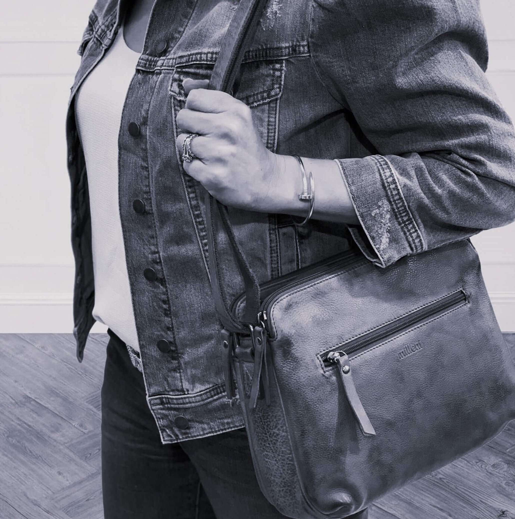Milleni Ladies Black Nappa Leather Crossbody Bag in Black
