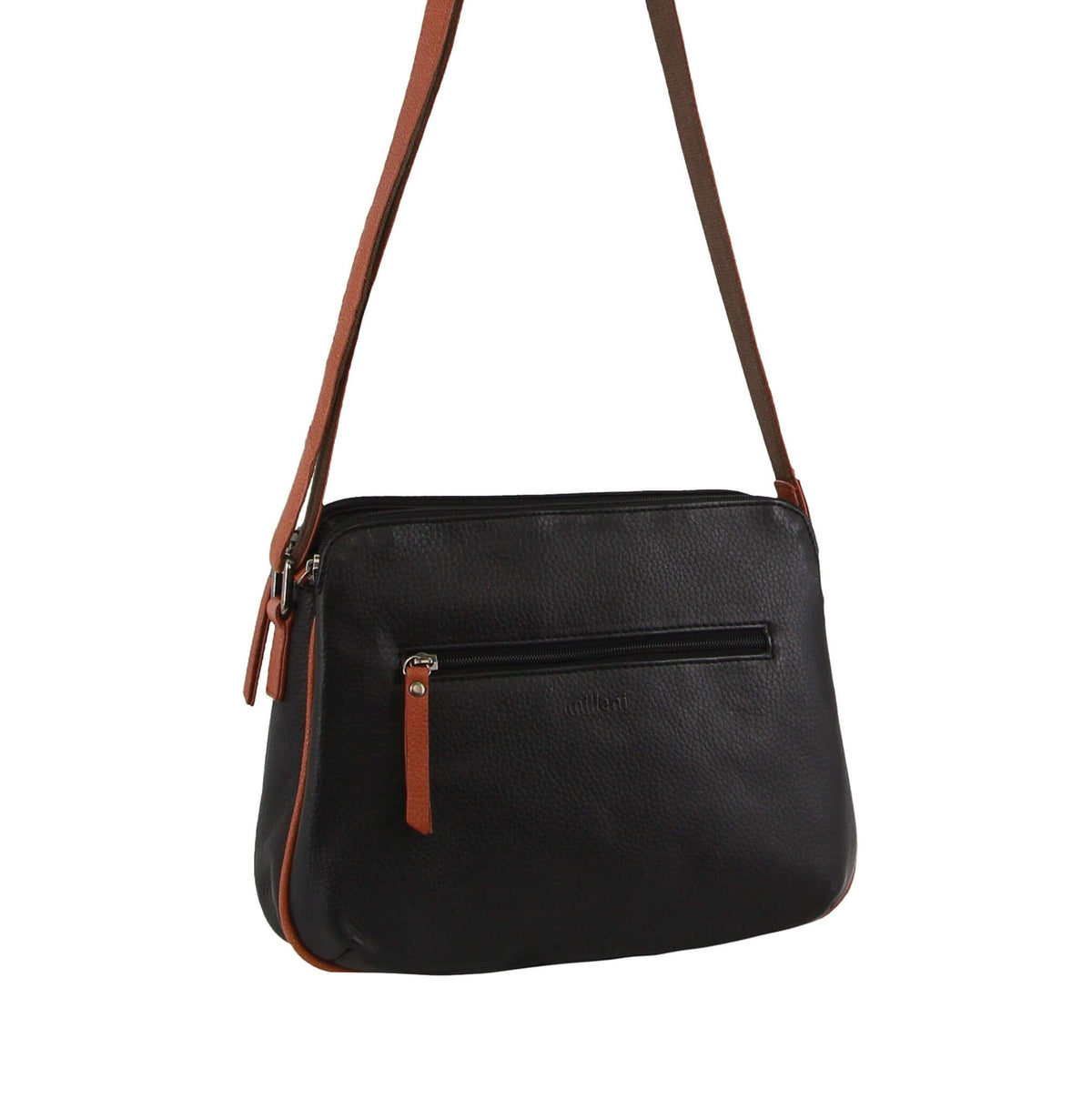 Milleni Ladies Nappa Leather Crossbody Bag in Black/Cognac