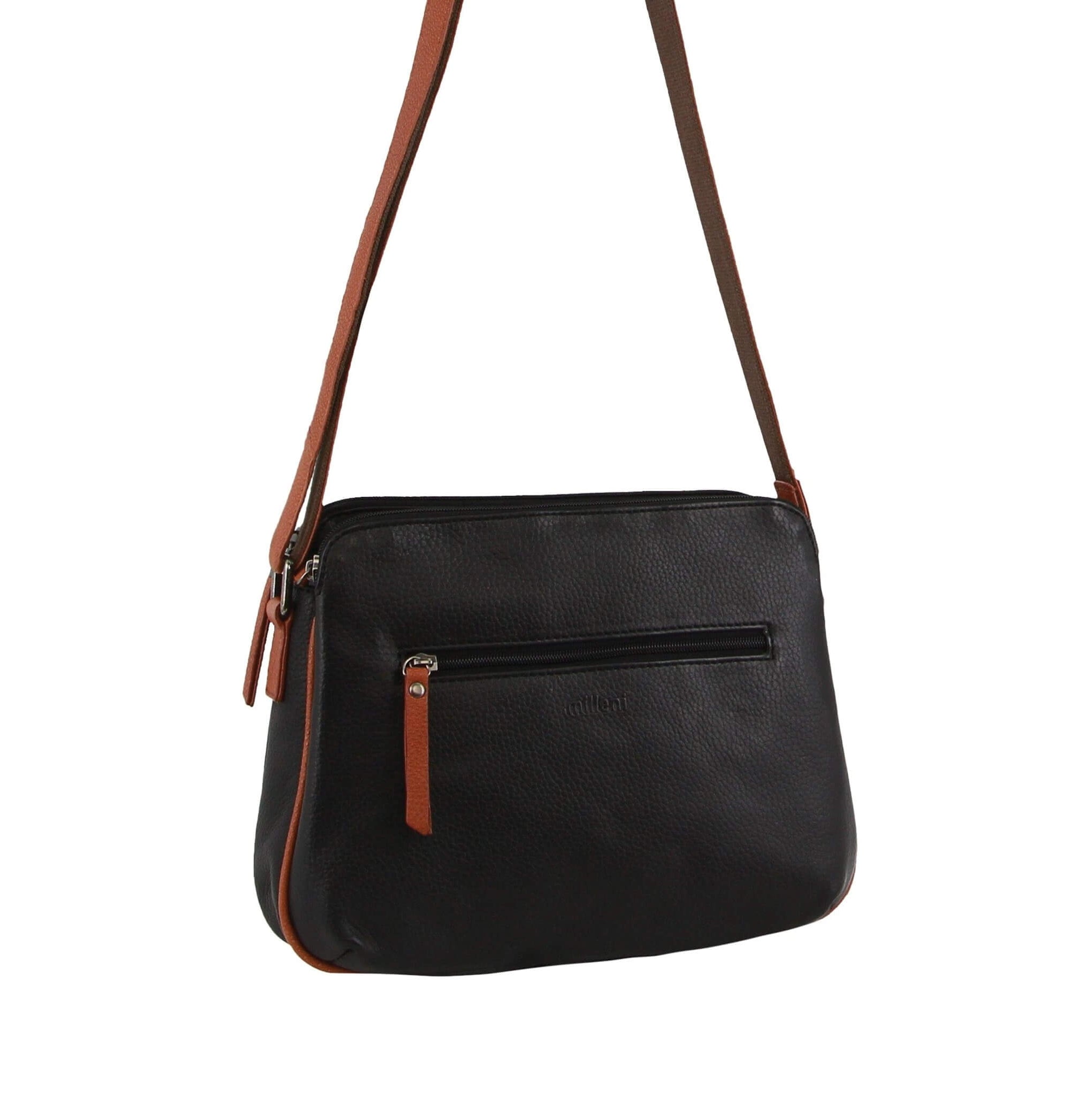 Milleni Ladies Nappa Leather Crossbody Bag in Black/Cognac