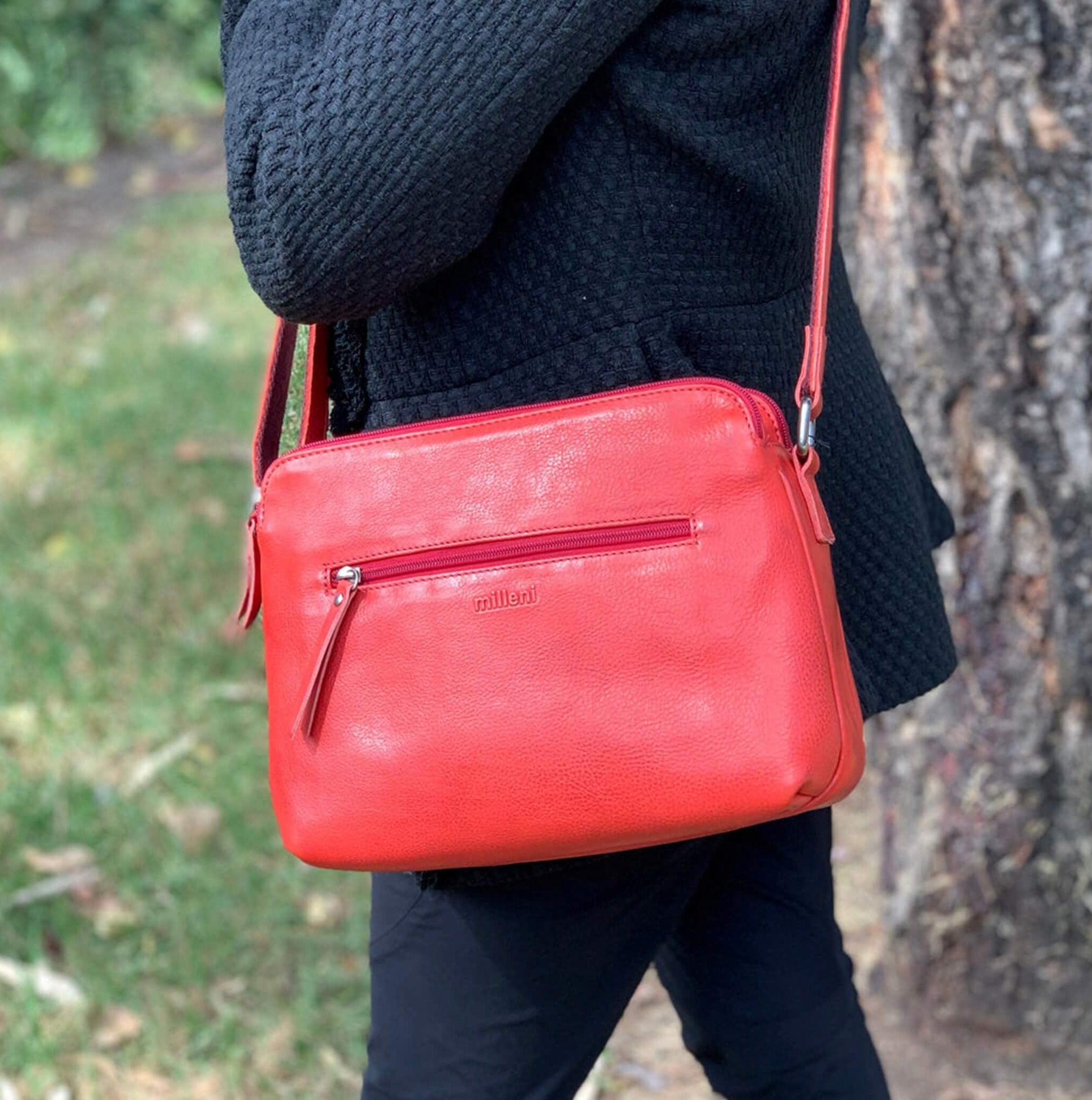 Milleni Ladies Nappa Leather Crossbody Bag in Red