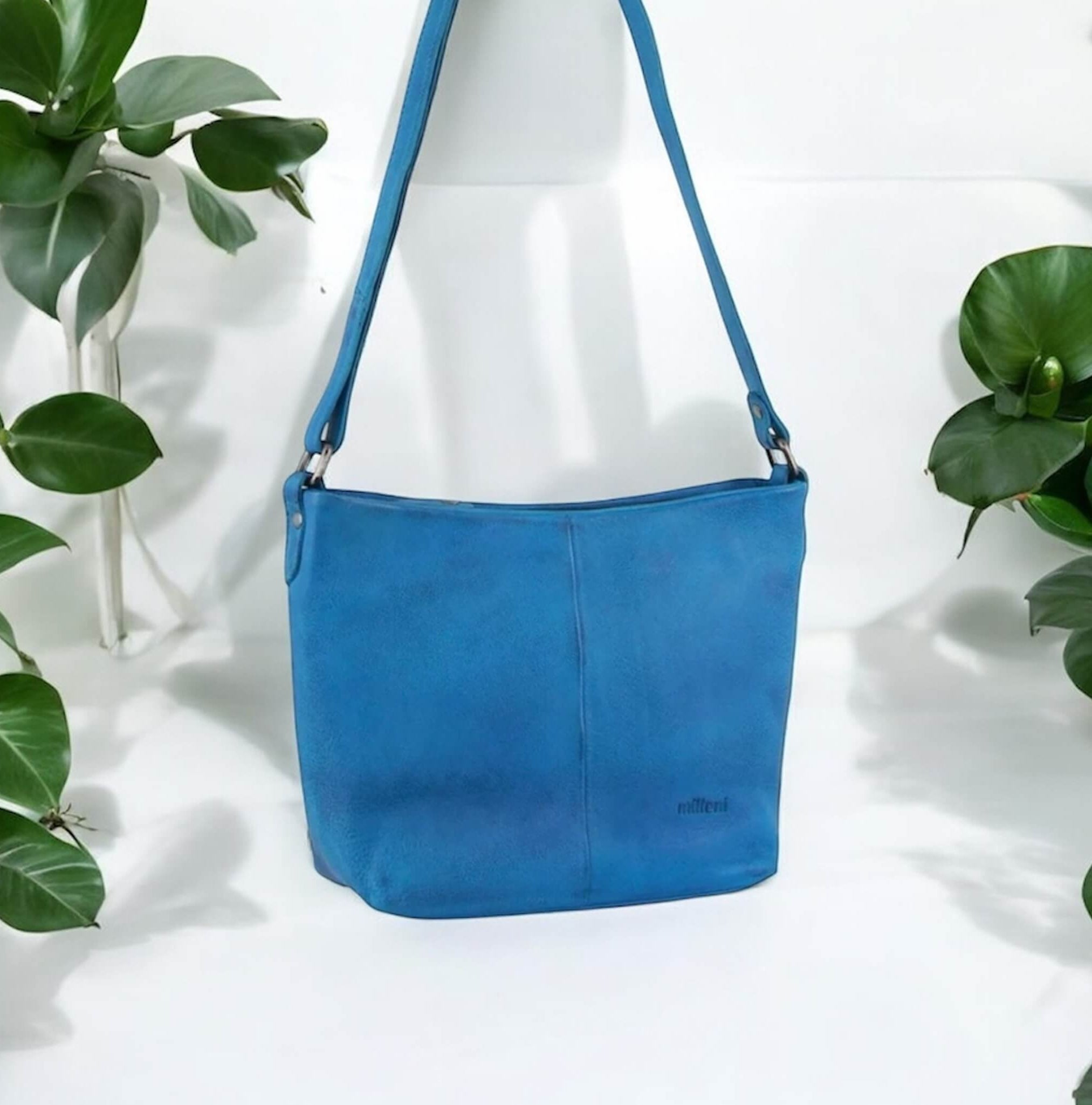 Milleni Ladies Nappa Leather Crossbody Bag in Aqua