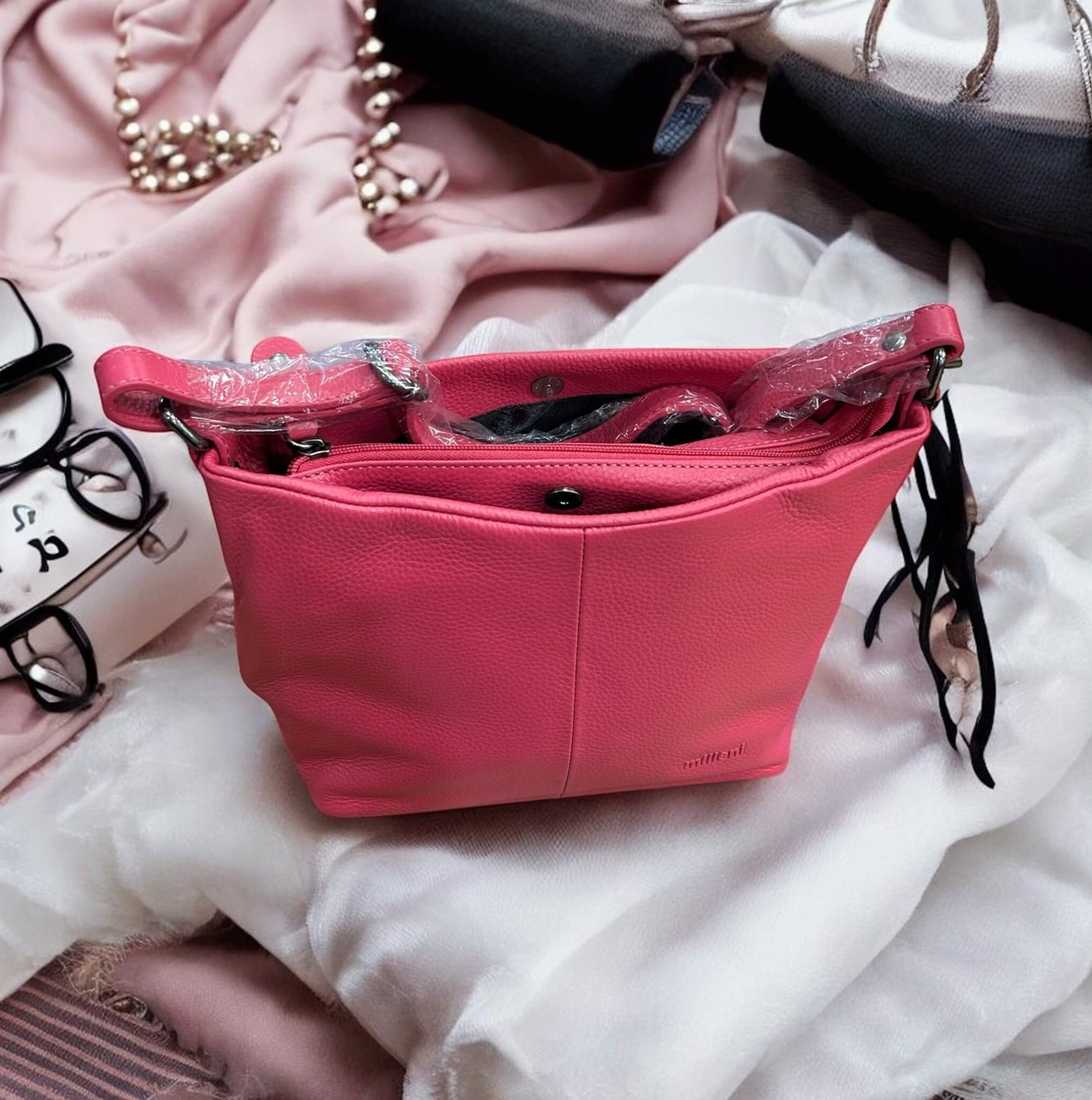 Milleni Ladies Nappa Leather Crossbody Bag in Pink