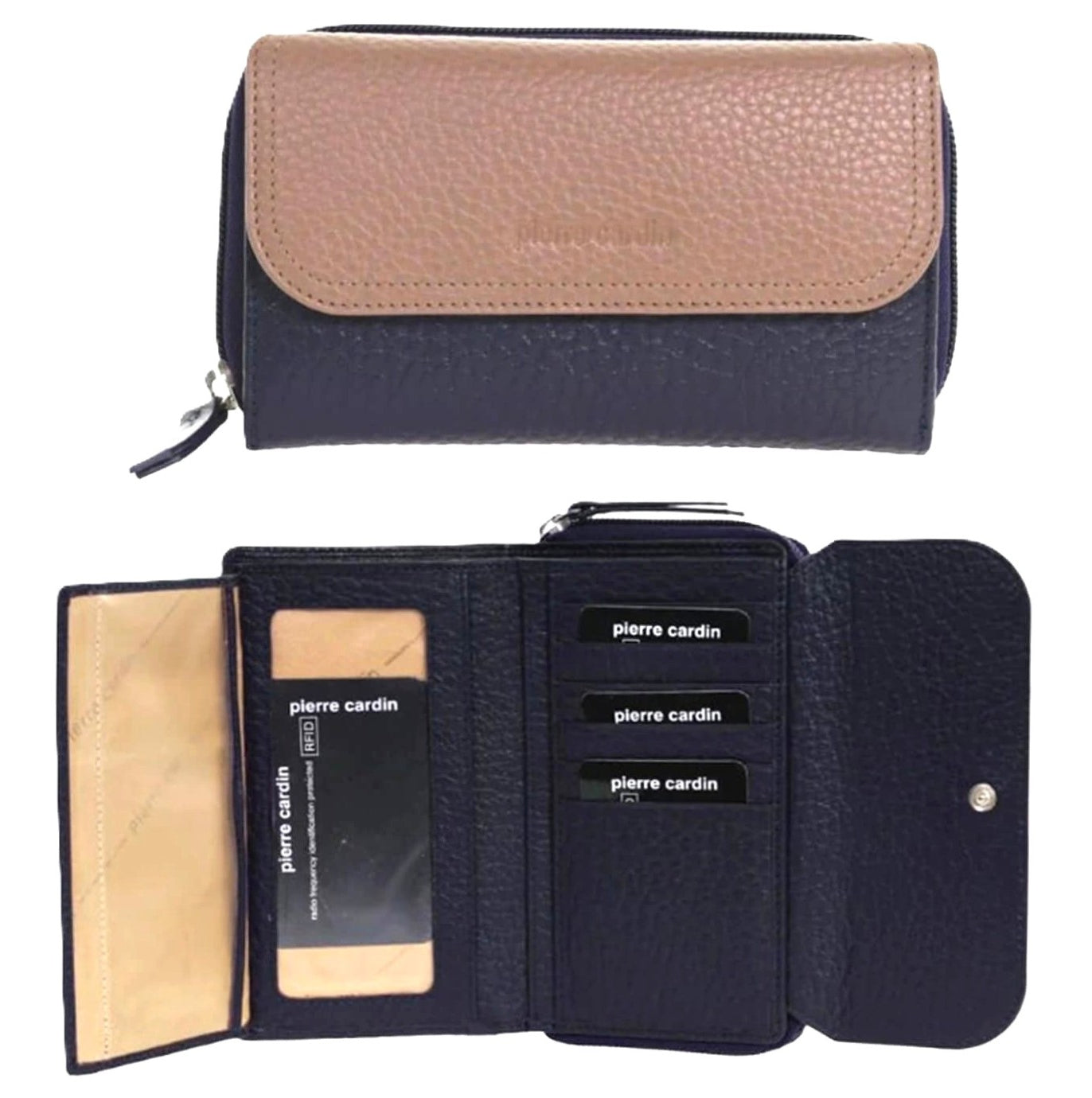 Pierre Cardin Ladies Tri-fold Tab Leather Wallet in Navy-Taupe