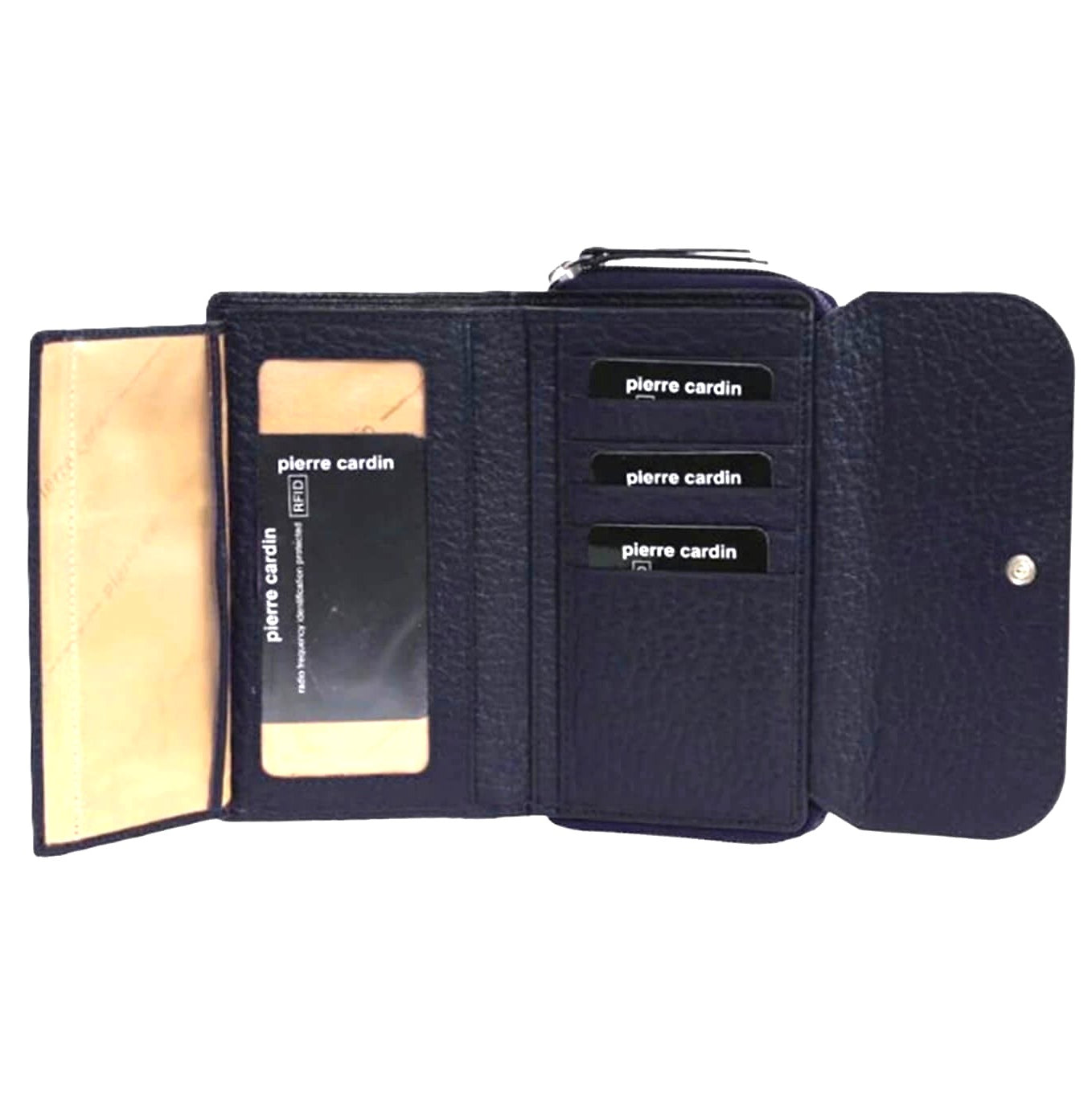 Pierre Cardin Ladies Tri-fold Tab Leather Wallet in Navy-Taupe