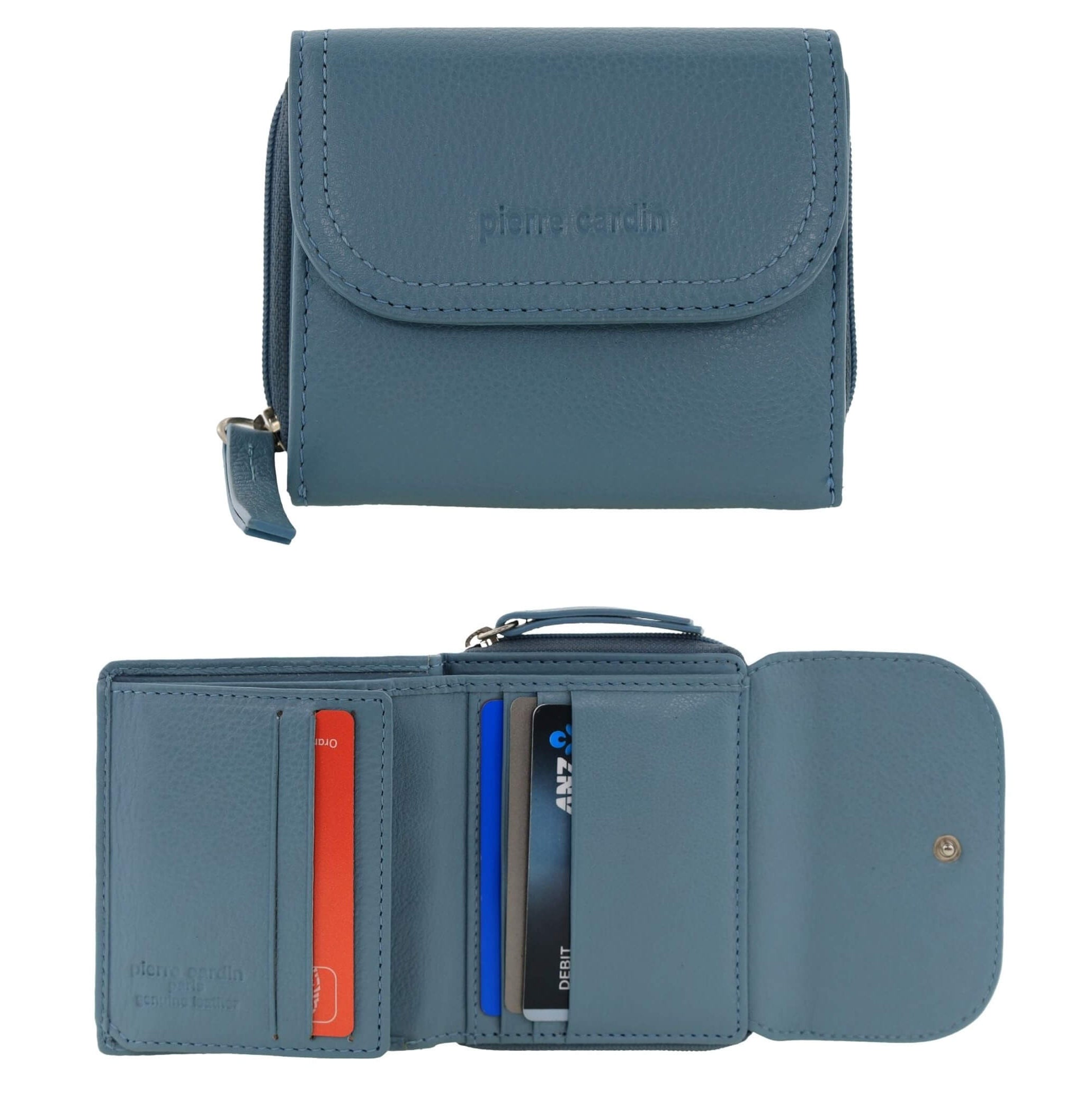 Pierre Cardin Ladies Tri-fold Tab Leather Wallet in Blue