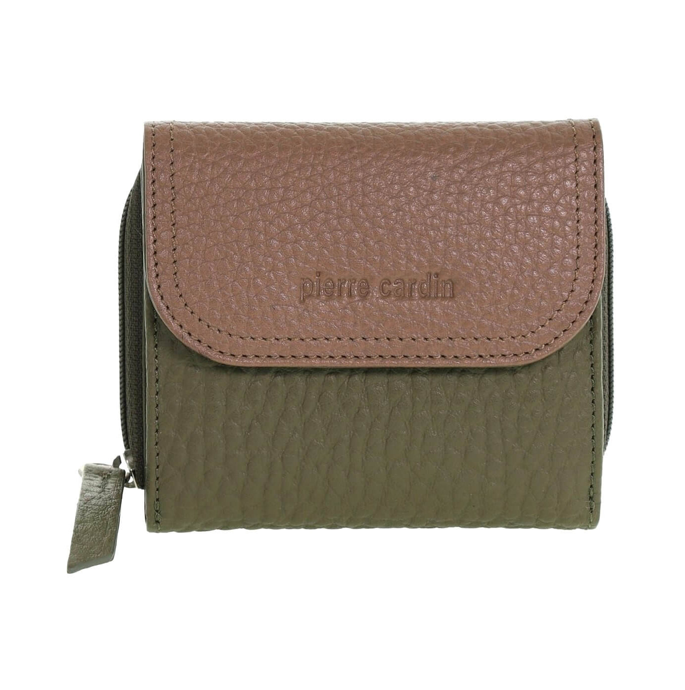 Pierre Cardin Ladies Tri-fold Tab Leather Wallet in Green/Taupe
