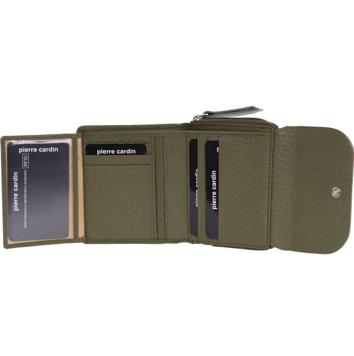 Pierre Cardin Ladies Tri-fold Tab Leather Wallet in Green/Taupe