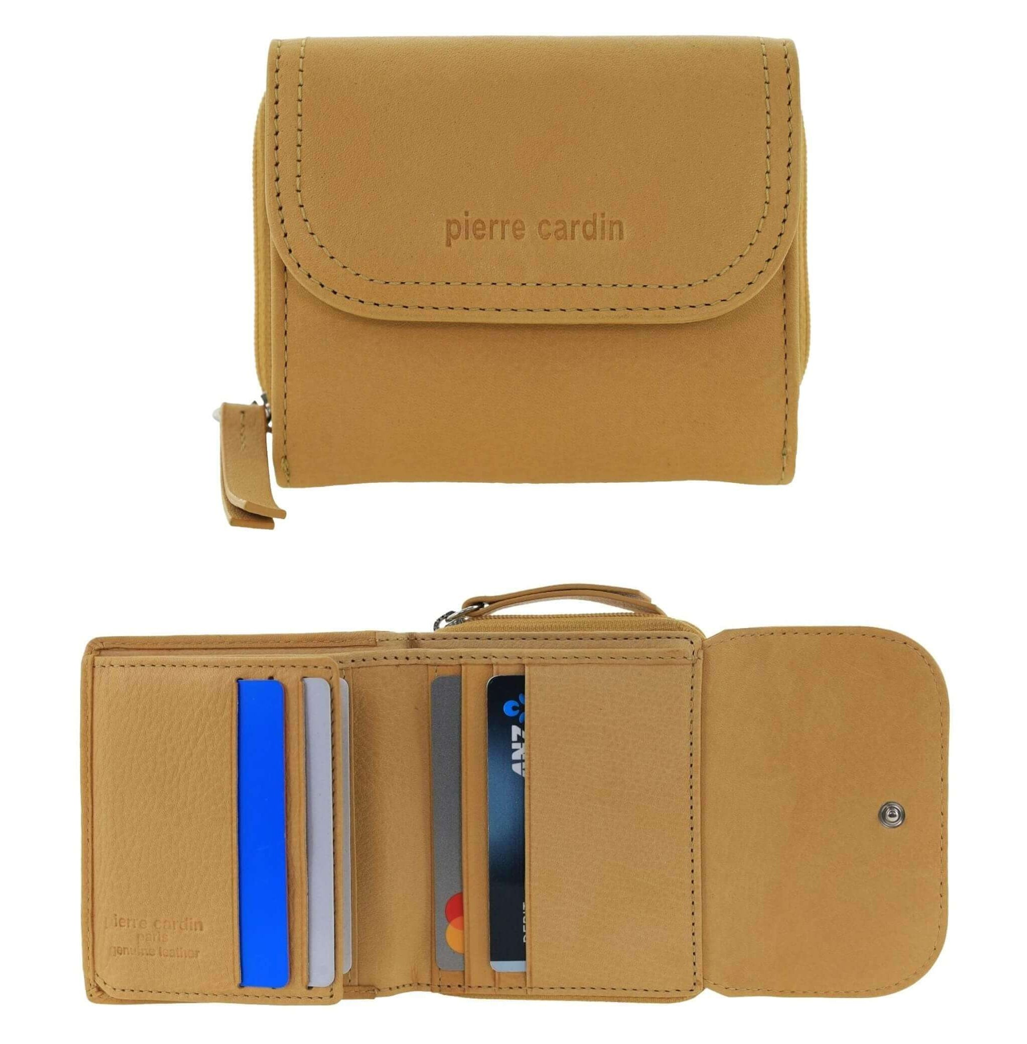 Pierre Cardin Ladies Tri-fold Tab Leather Wallet in Mustard