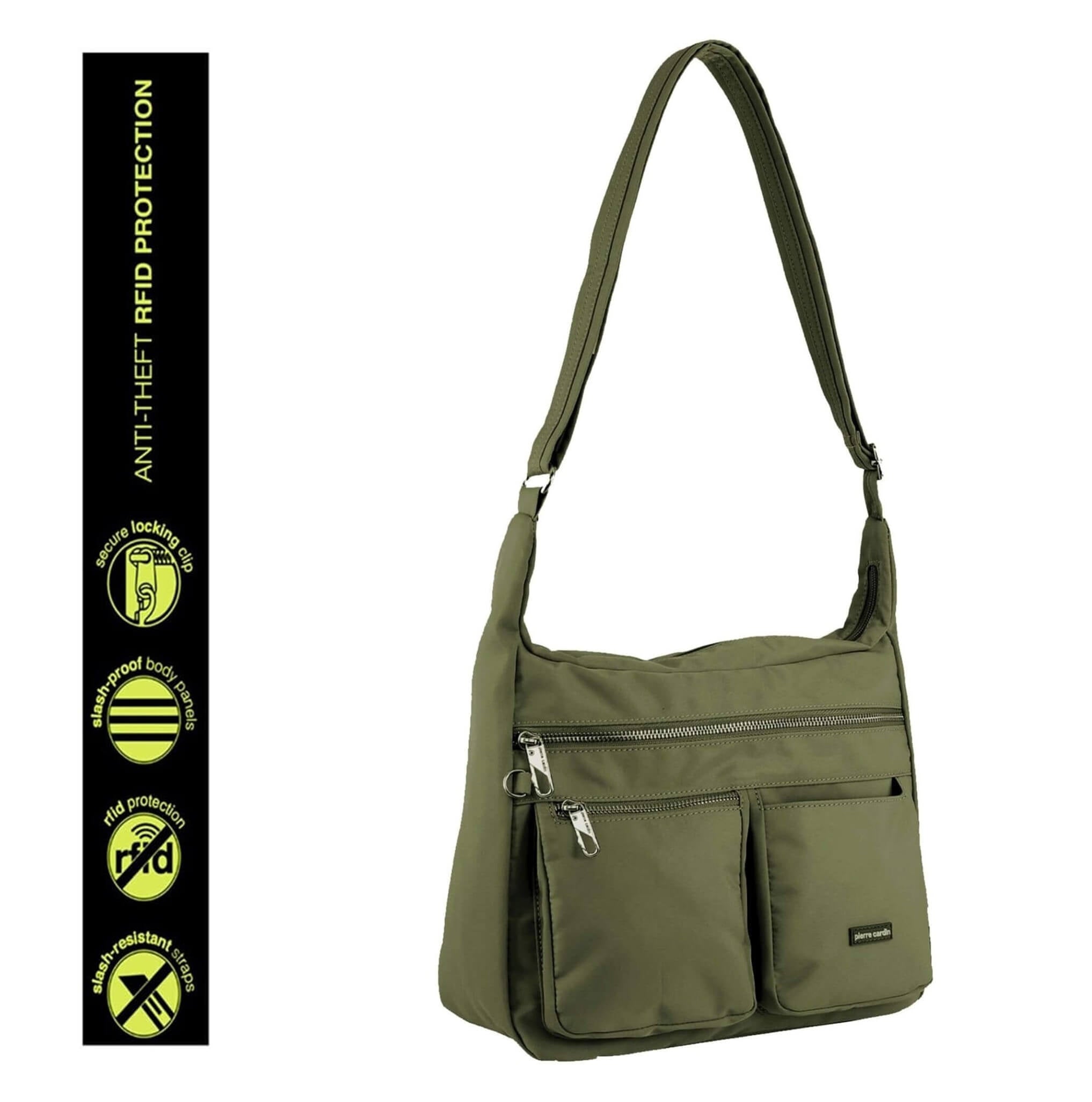 Pierre Cardin Ladies Nylon Anti-Theft RFID Crossbody Bag in Olive