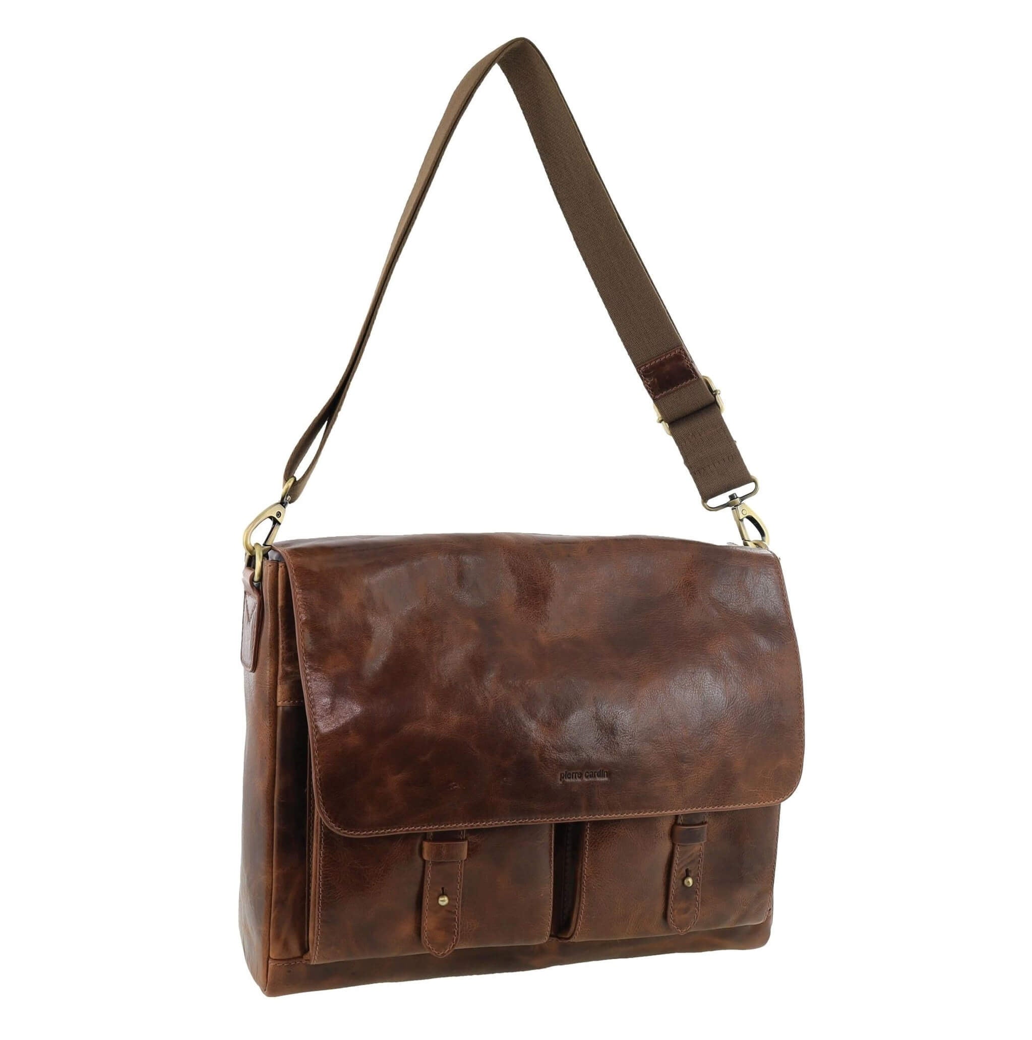 Pierre Cardin Men's Leather Refined Messenger/Computer Bag in Cognac