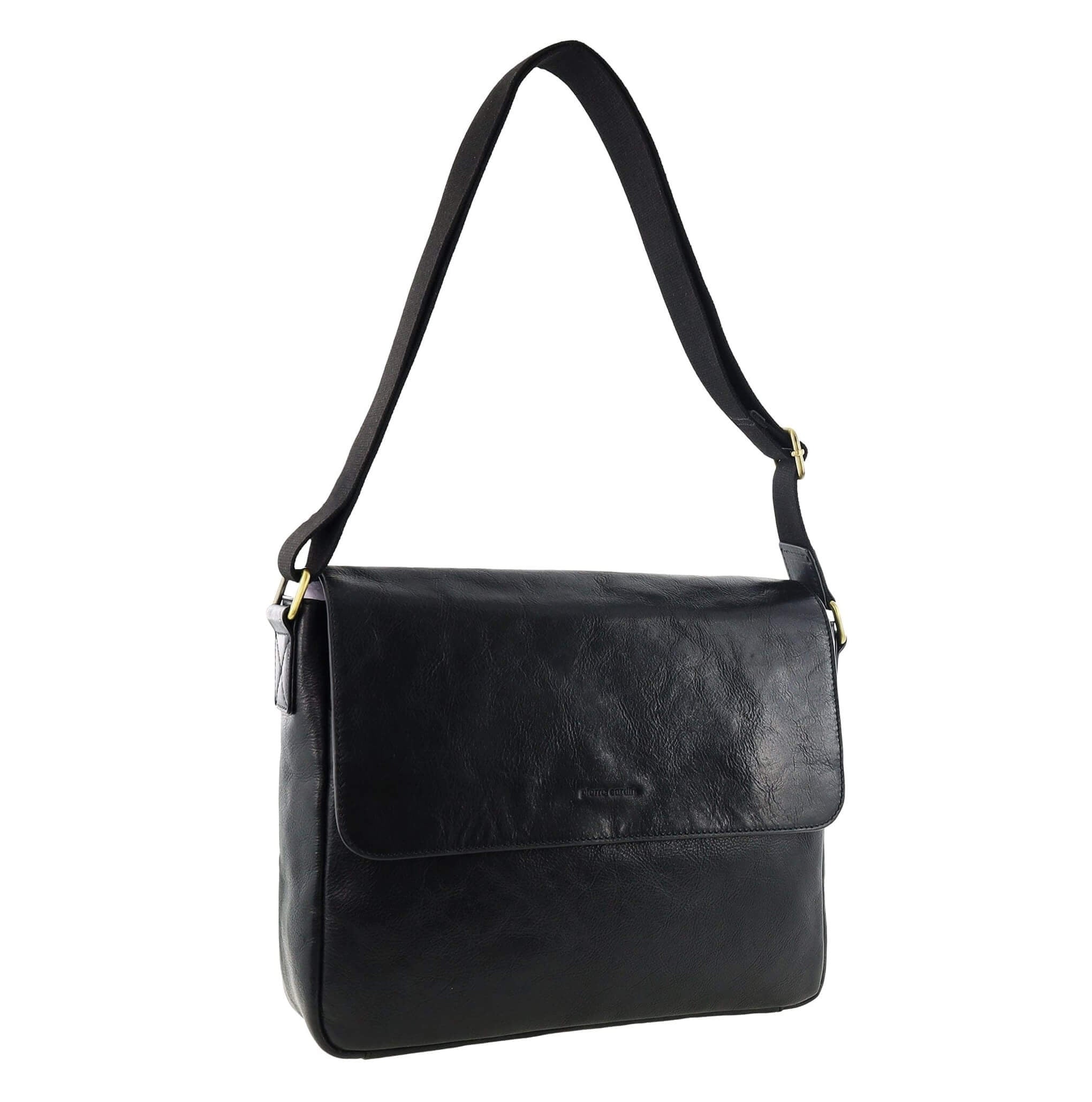 Pierre Cardin Classic Leather Messenger/Laptop Bag in Black