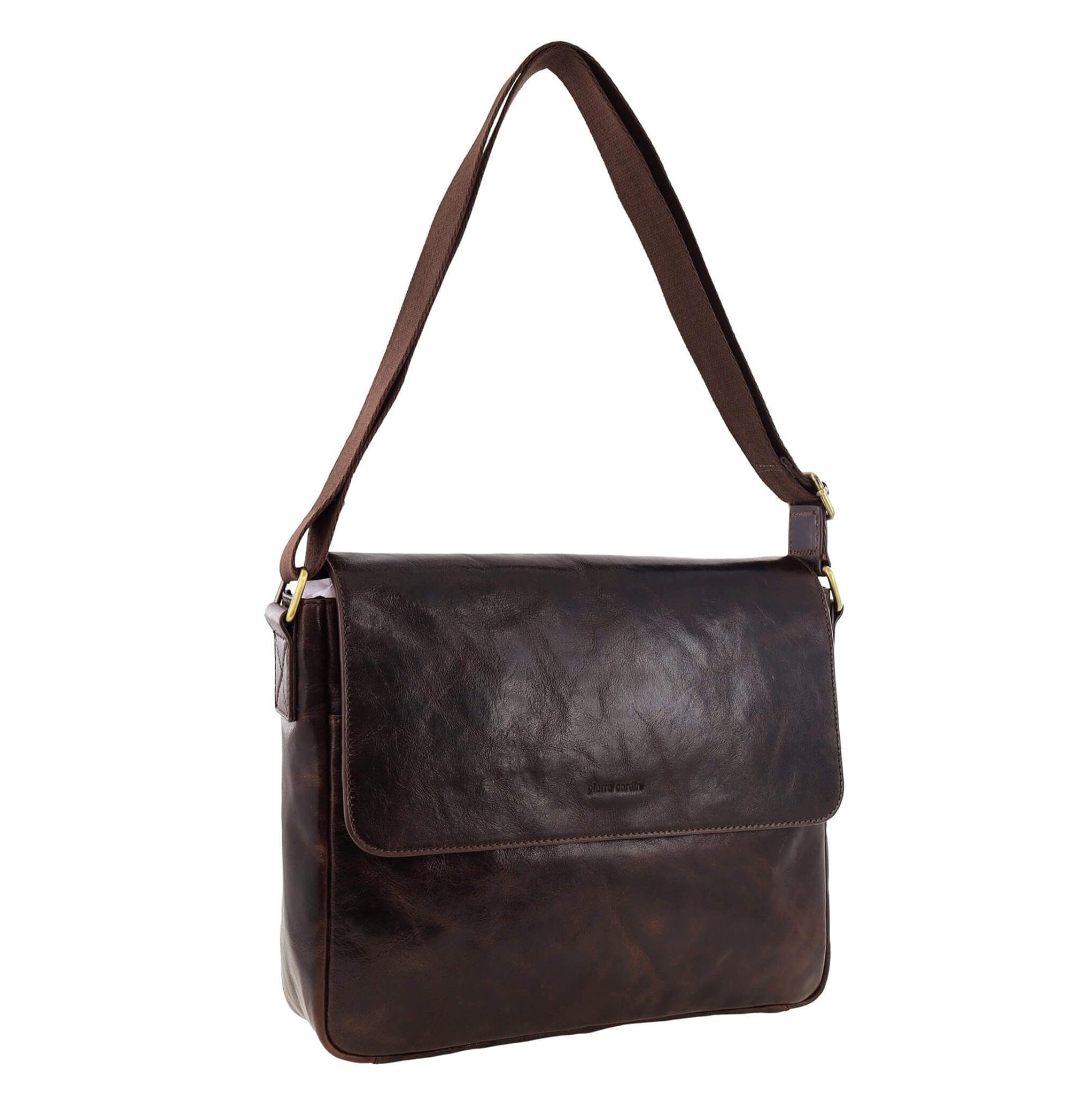 Pierre Cardin Classic Leather Messenger/Laptop Bag in Chocolate