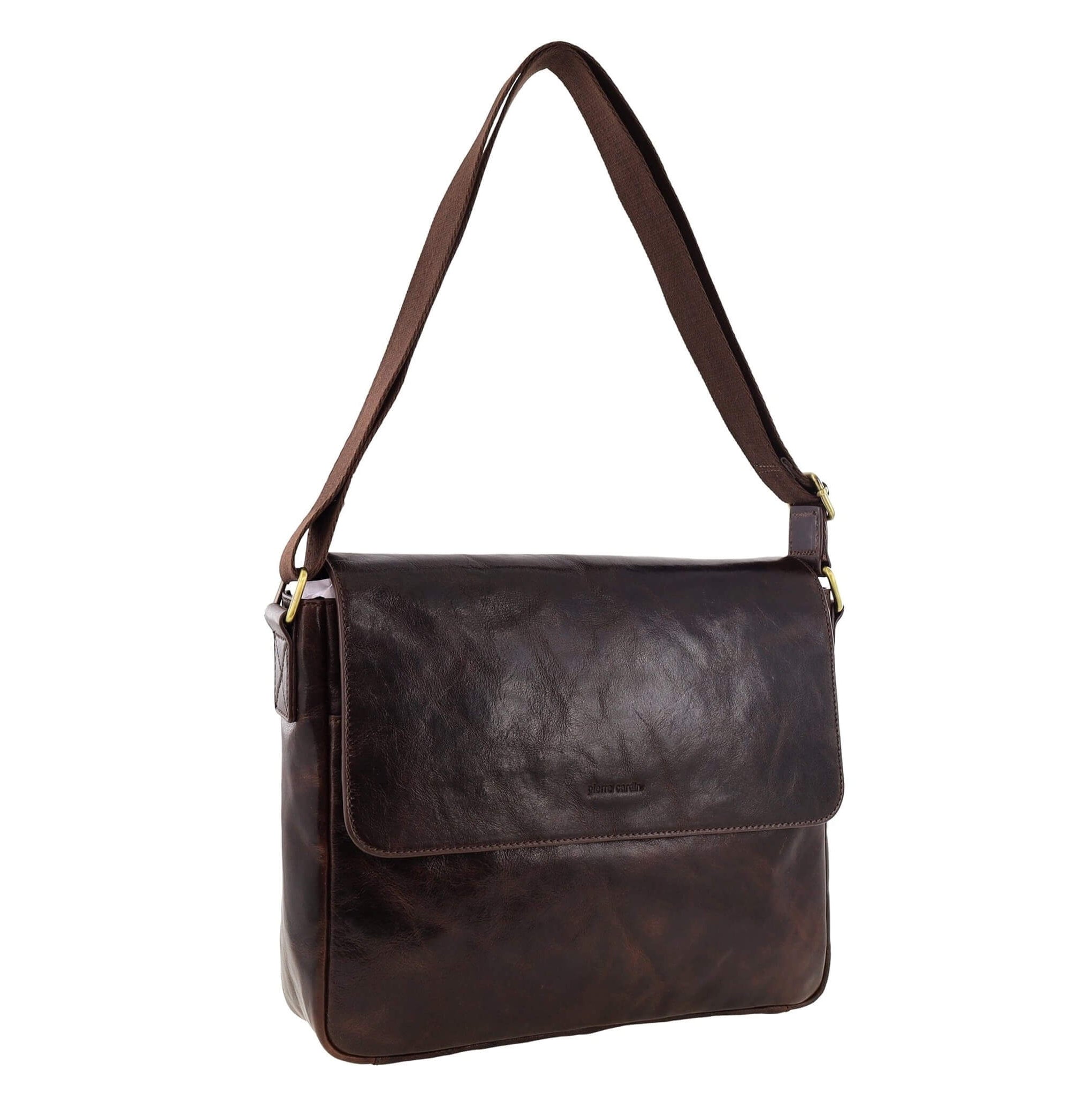 Pierre Cardin Classic Leather Messenger/Laptop Bag in Chocolate