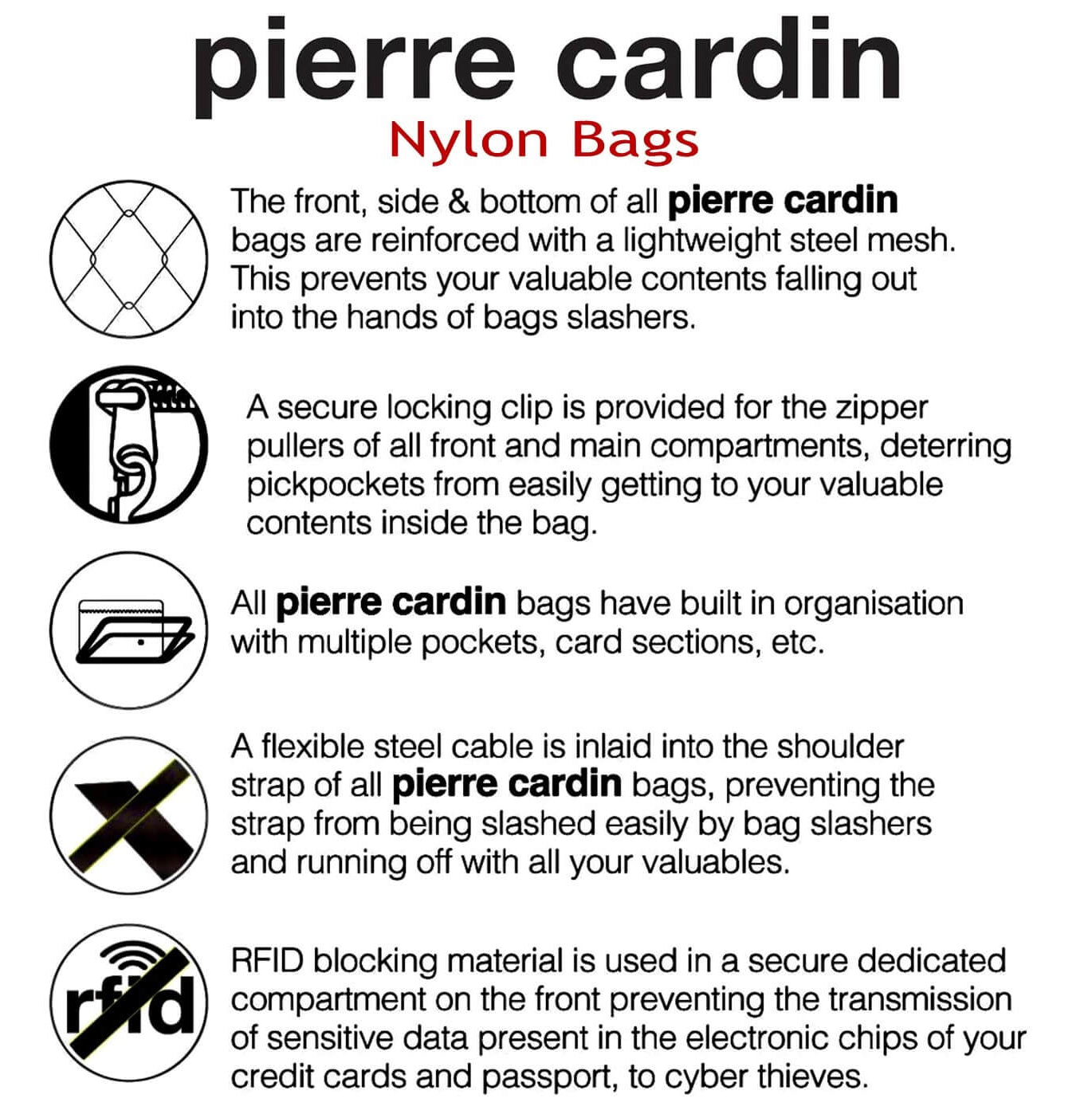 Pierre Cardin Nylon bags – Anti – Theft – RFID - Slash Proof