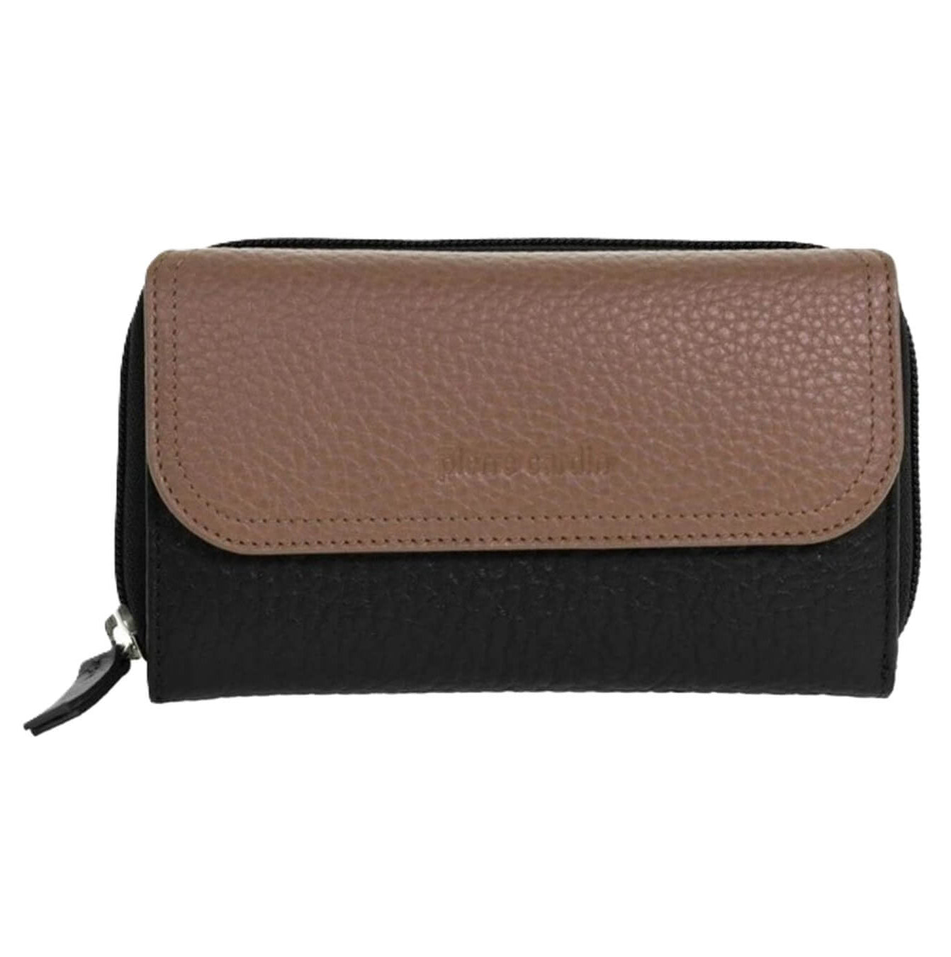 Pierre Cardin Ladies Tri-fold Tab Leather Wallet in Black & Taupe