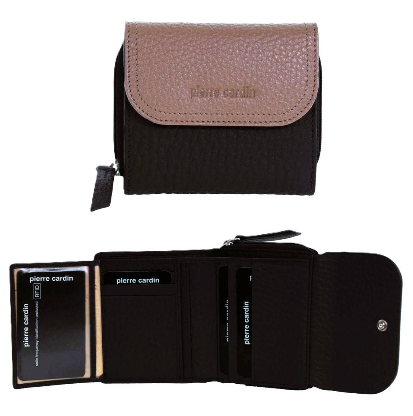 Pierre Cardin Ladies Tri-fold Tab Leather Wallet in Black/Taupe