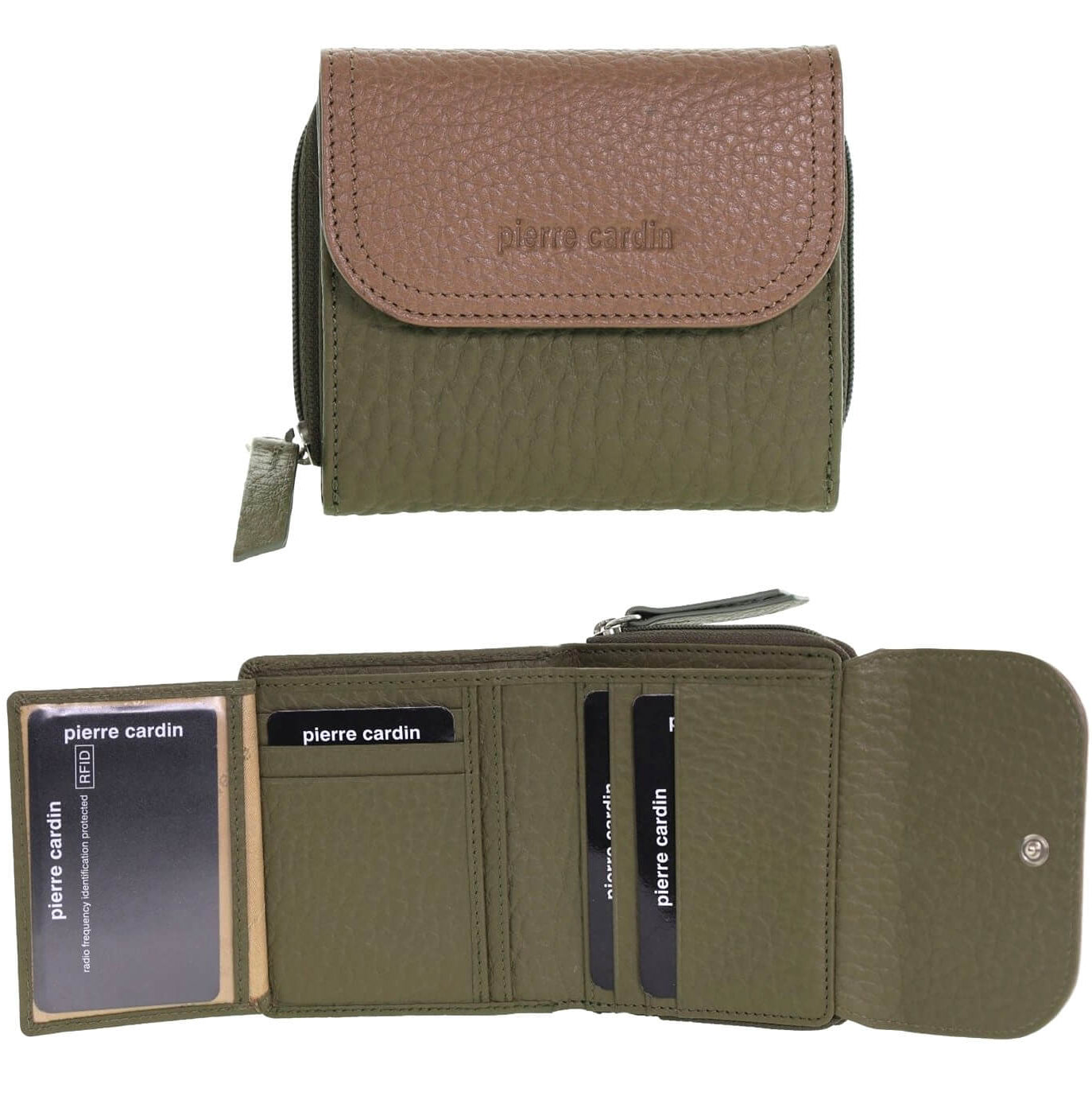 Pierre Cardin Ladies Tri-fold Tab Leather Wallet in Green/Taupe