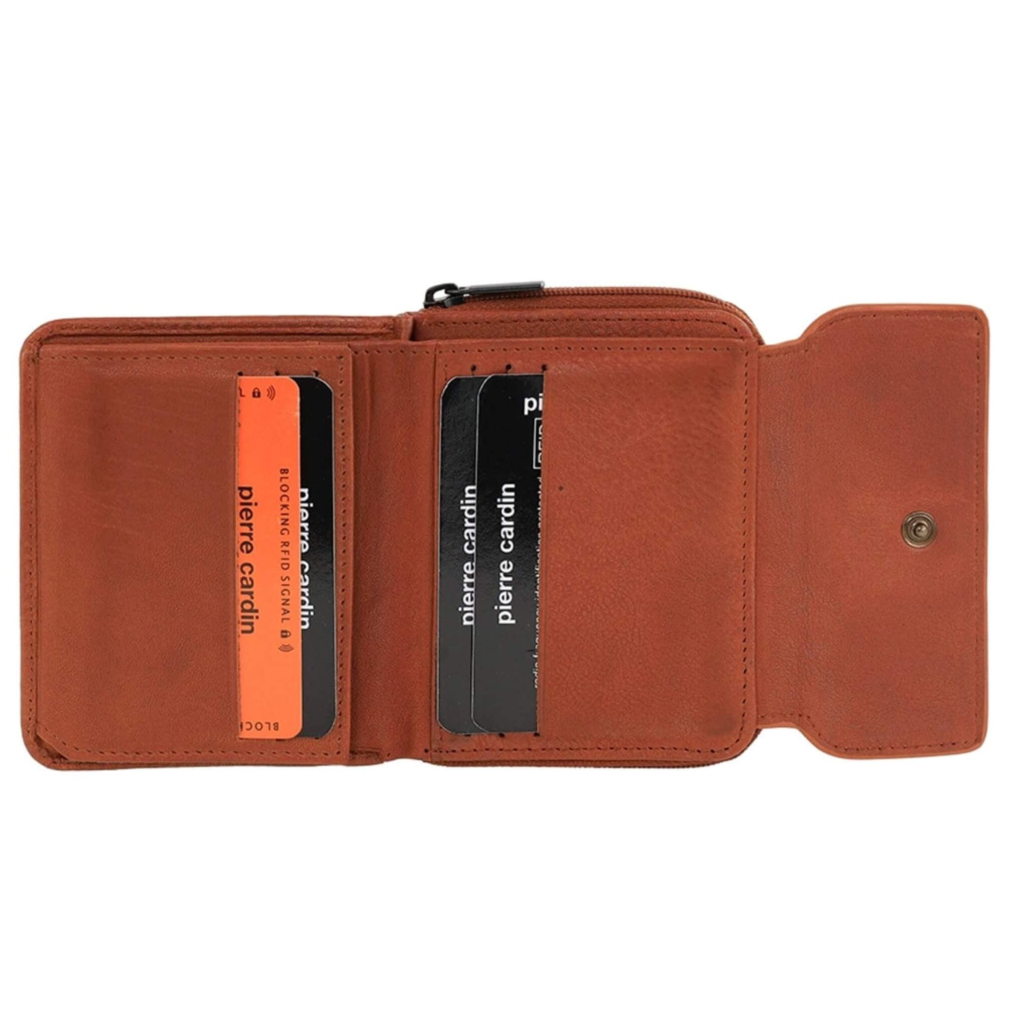 Pierre Cardin Ladies Tri-fold Tab Leather Wallet in Cognac