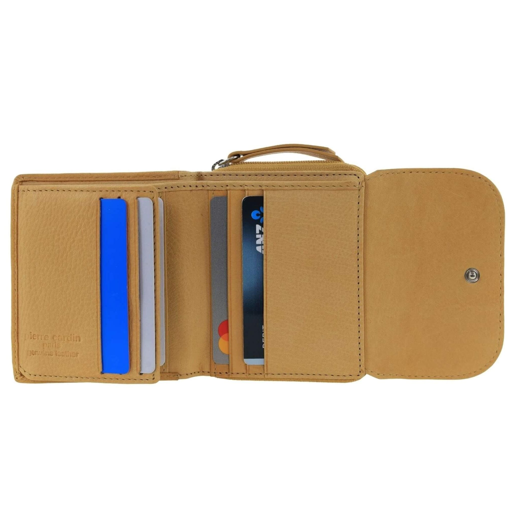 Pierre Cardin Ladies Tri-fold Tab Leather Wallet in Mustard