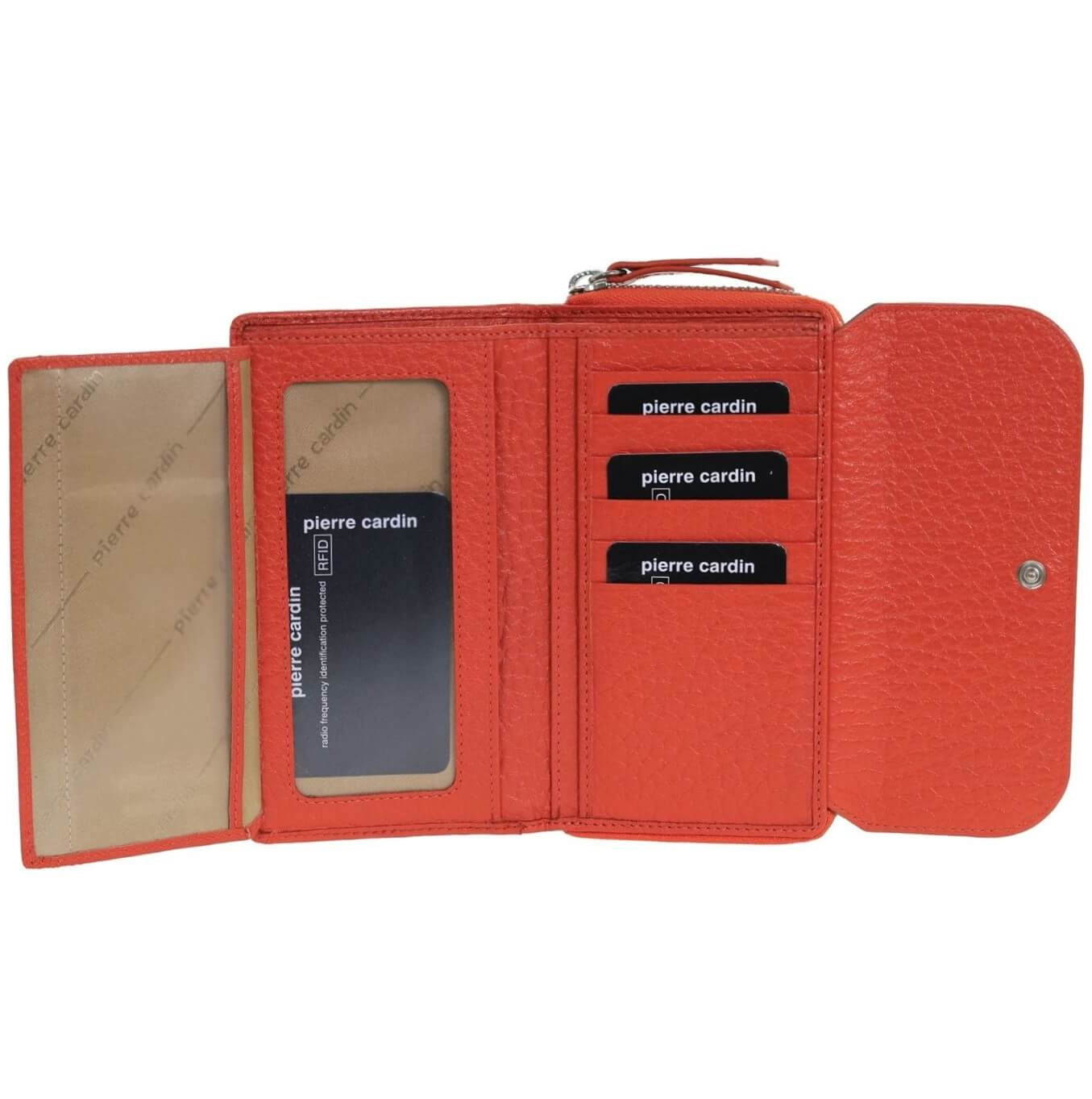Pierre Cardin Ladies Tri-fold Tab Leather Wallet in Orange & Taupe