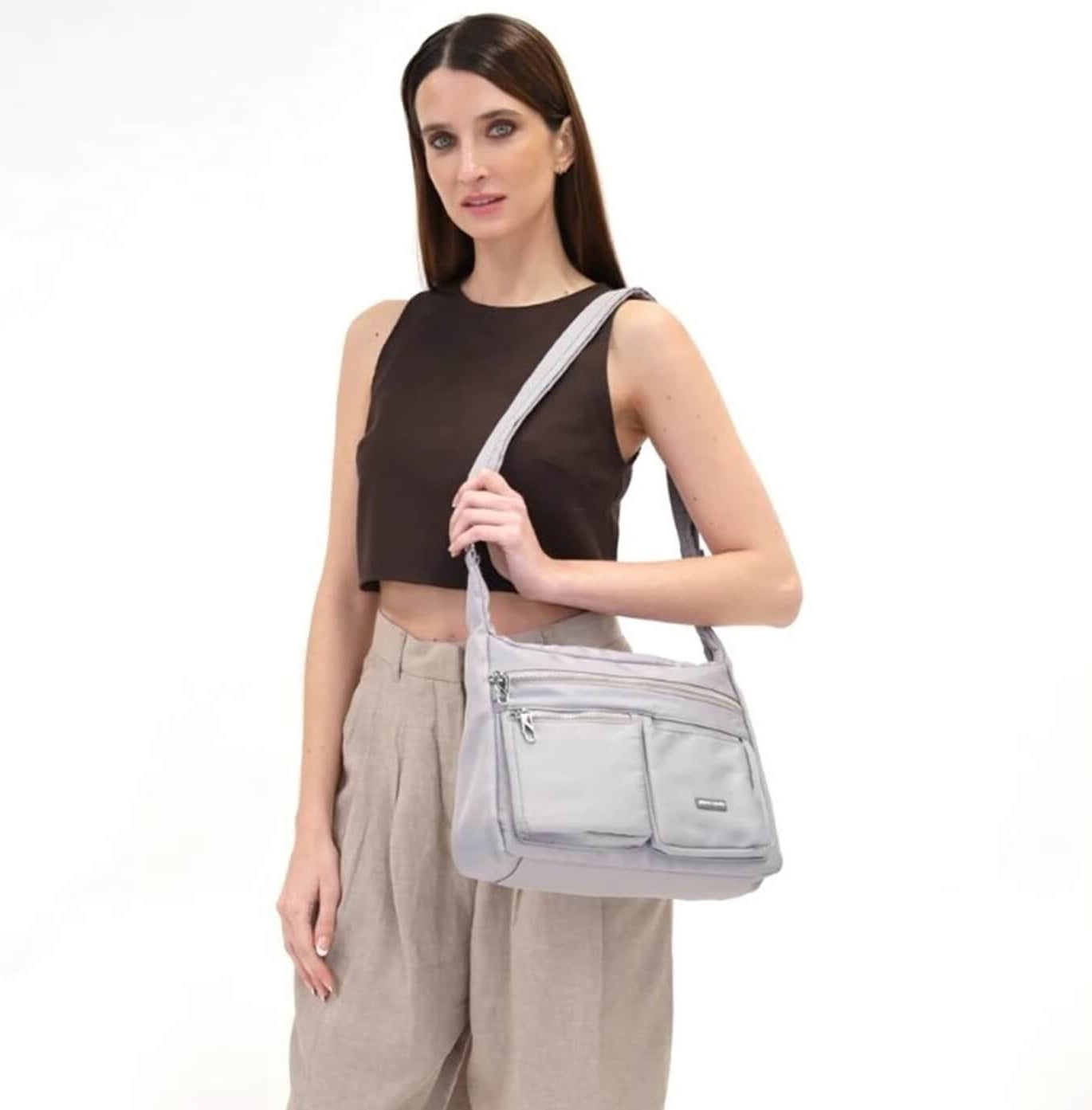 Pierre Cardin Ladies Nylon Anti-Theft RFID Crossbody Bag in Taupe