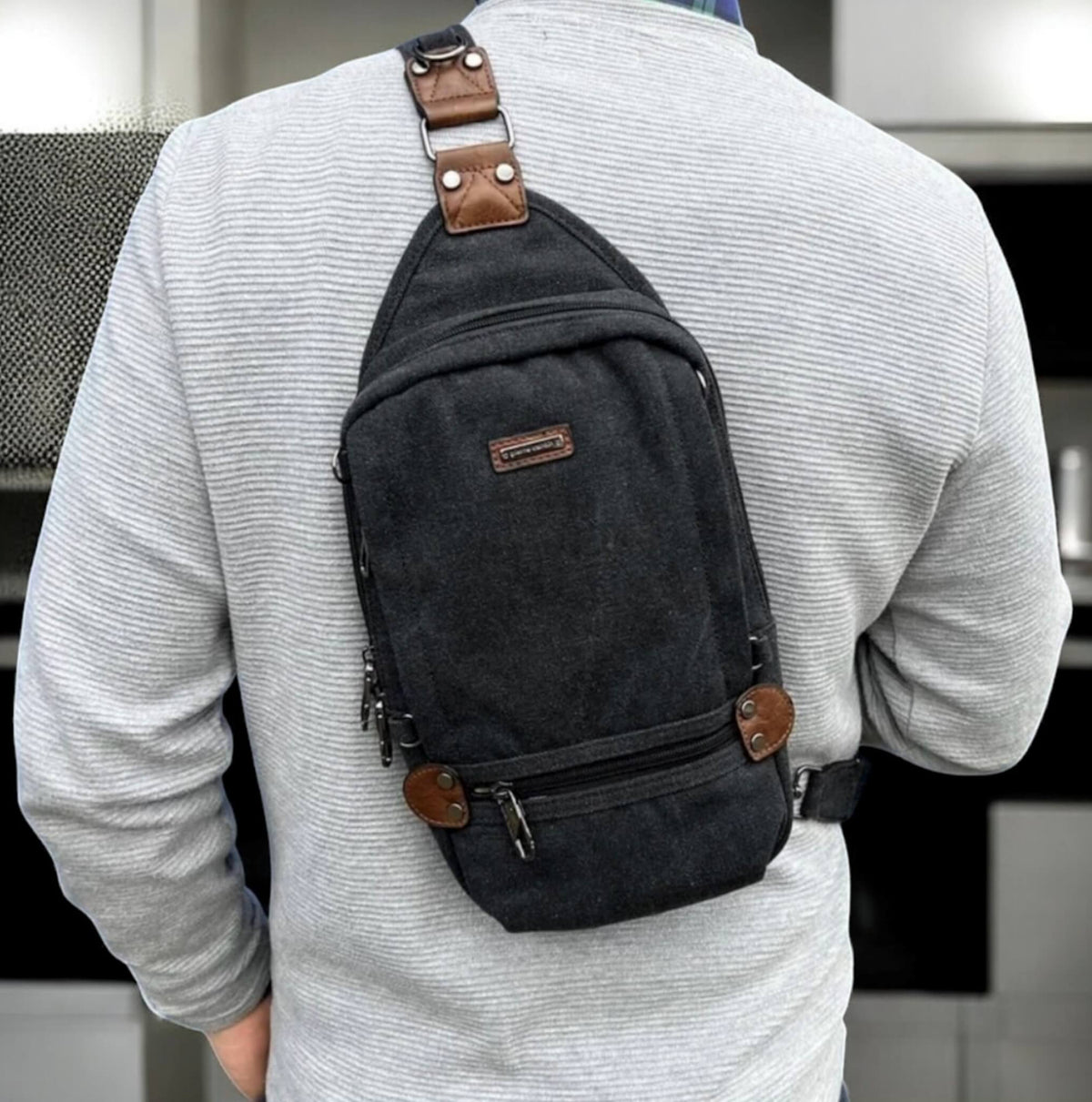 Pierre Cardin Canvas-Leather Crossbody Sling Bag in Black
