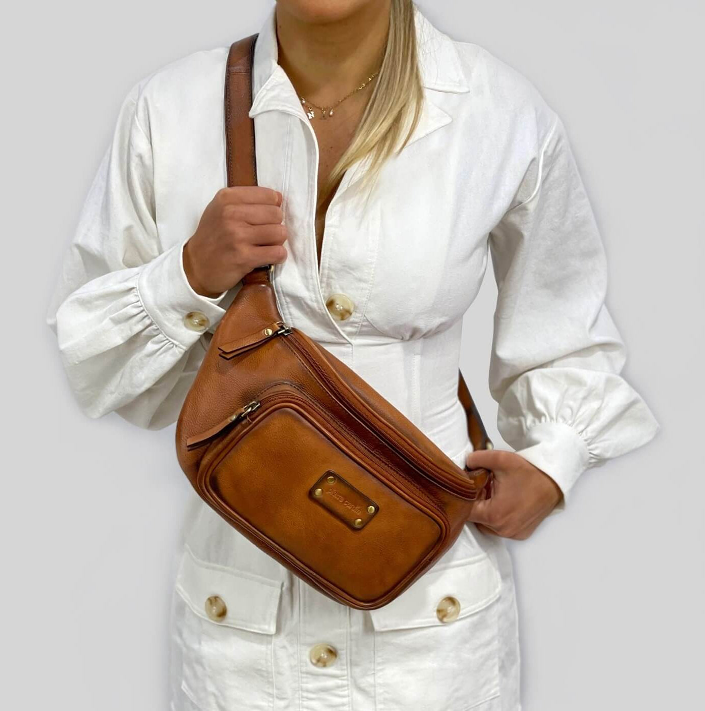 Pierre Cardin Unisex Burnished Leather Sling Bag in Cognac