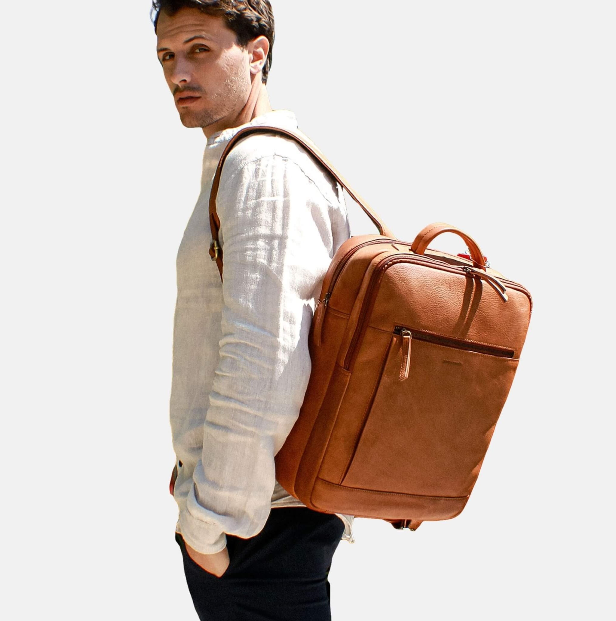Pierre Cardin Italian Leather Business-Laptop Backpack in Cognac