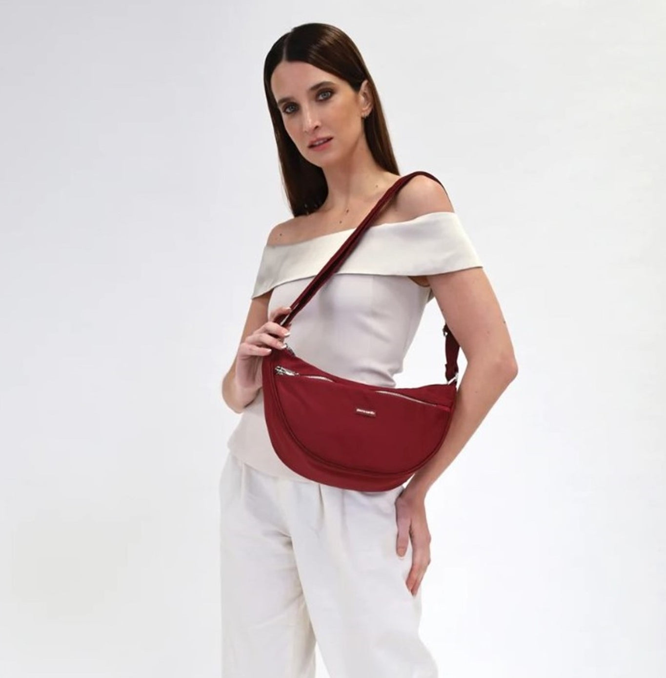Pierre Cardin Ladies Nylon Anti-Theft-RFID Cross Body Bag in Wine