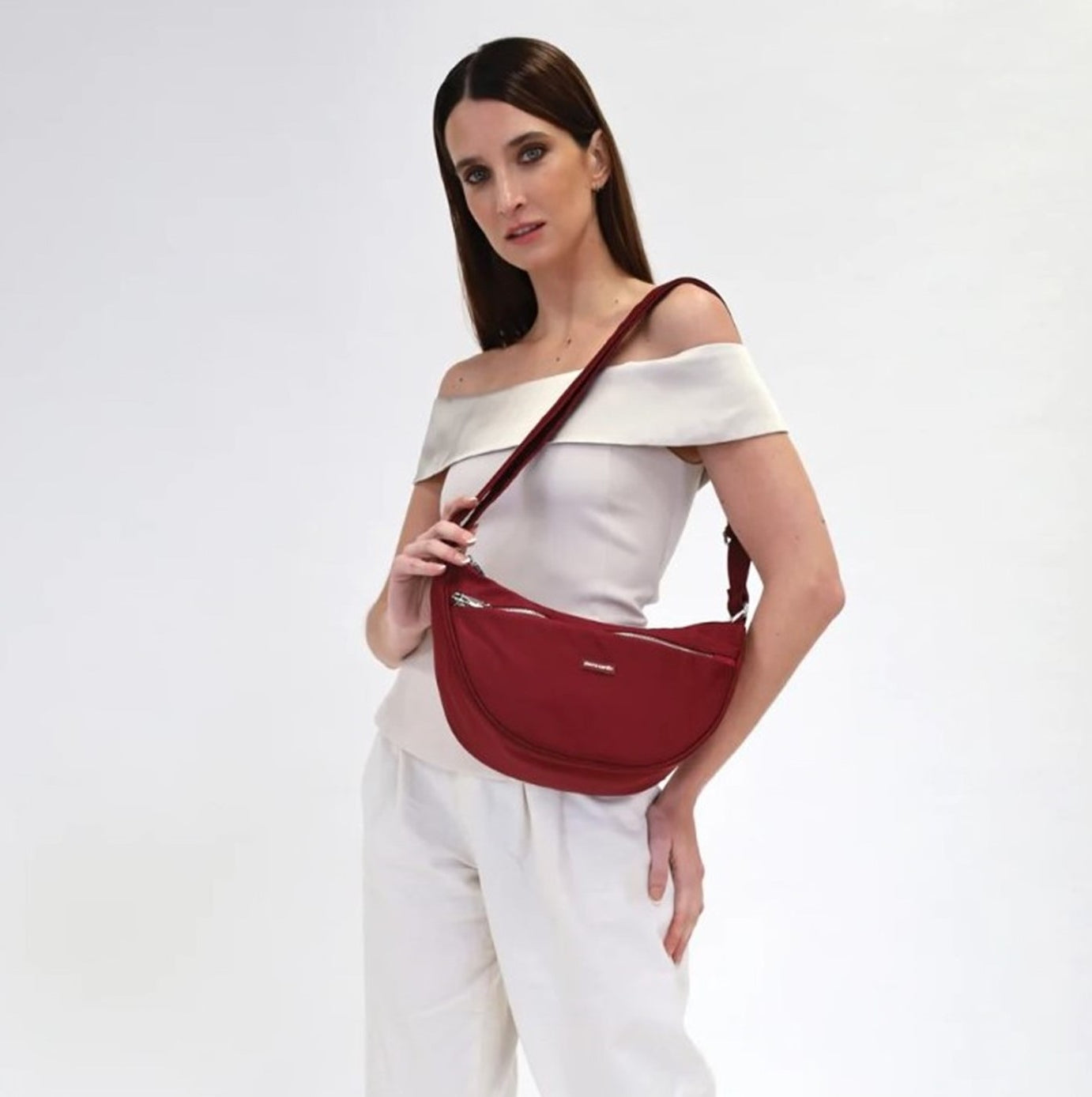 Pierre Cardin Ladies Nylon Anti-Theft-RFID Cross Body Bag in Wine
