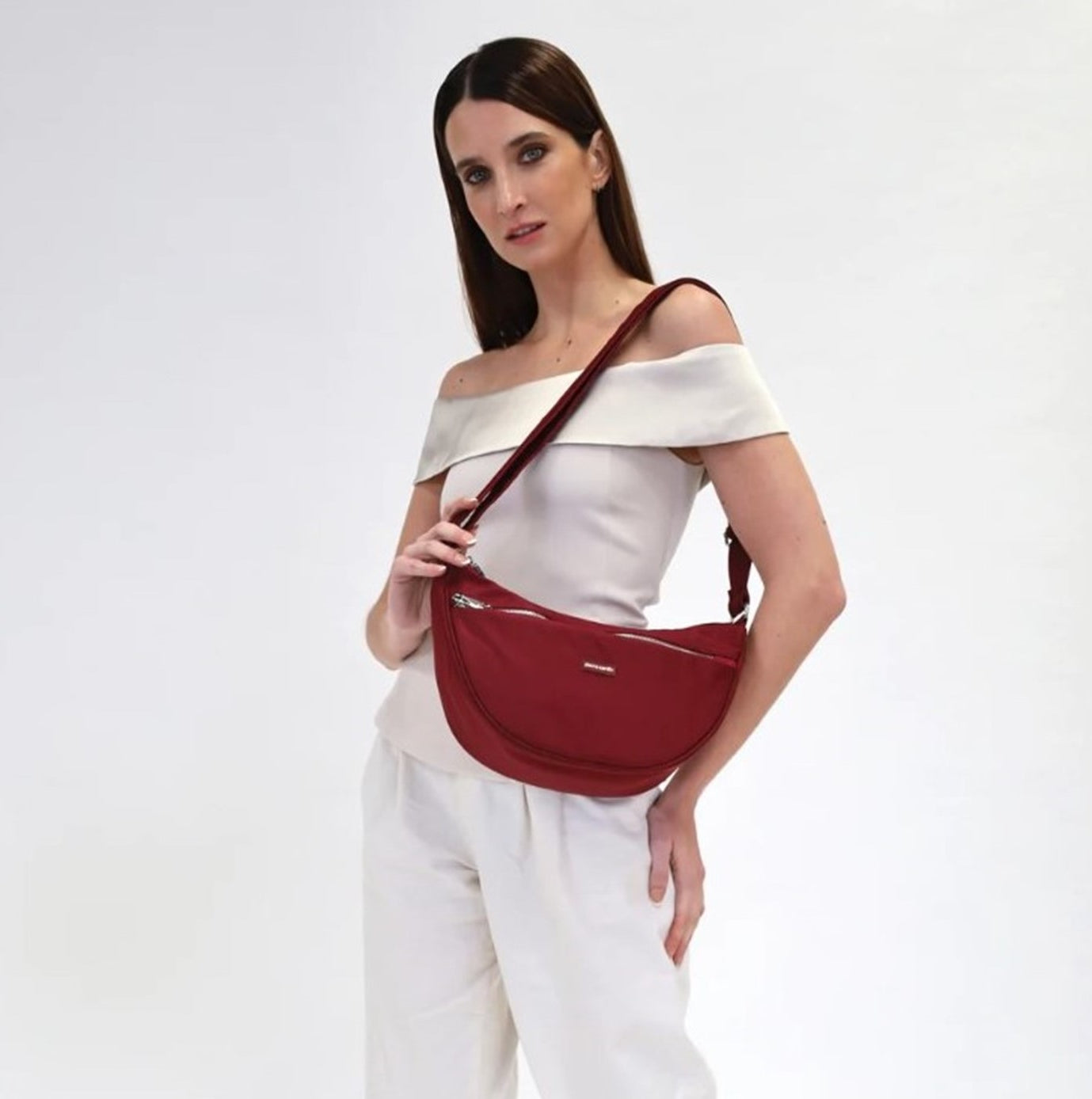 Pierre Cardin Ladies Nylon Anti-Theft-RFID Cross Body Bag in Wine