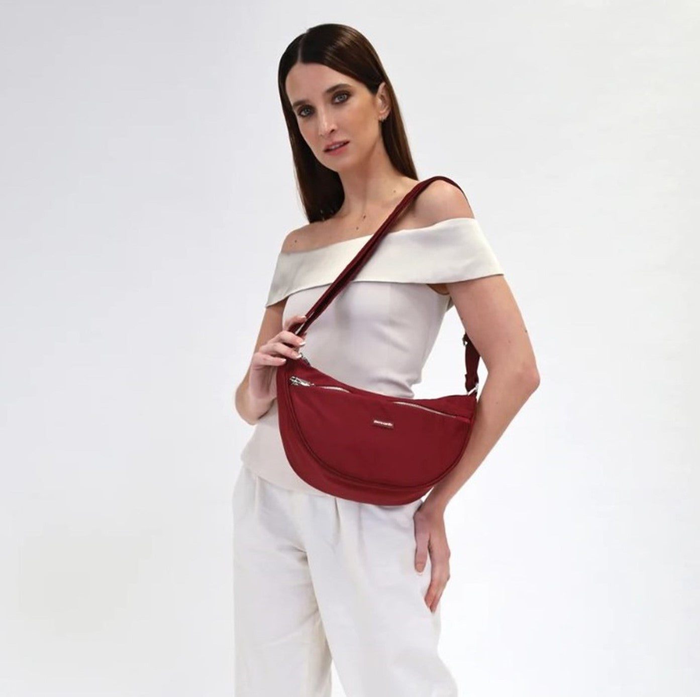Pierre Cardin Ladies Nylon Anti-Theft-RFID Cross Body Bag in Wine