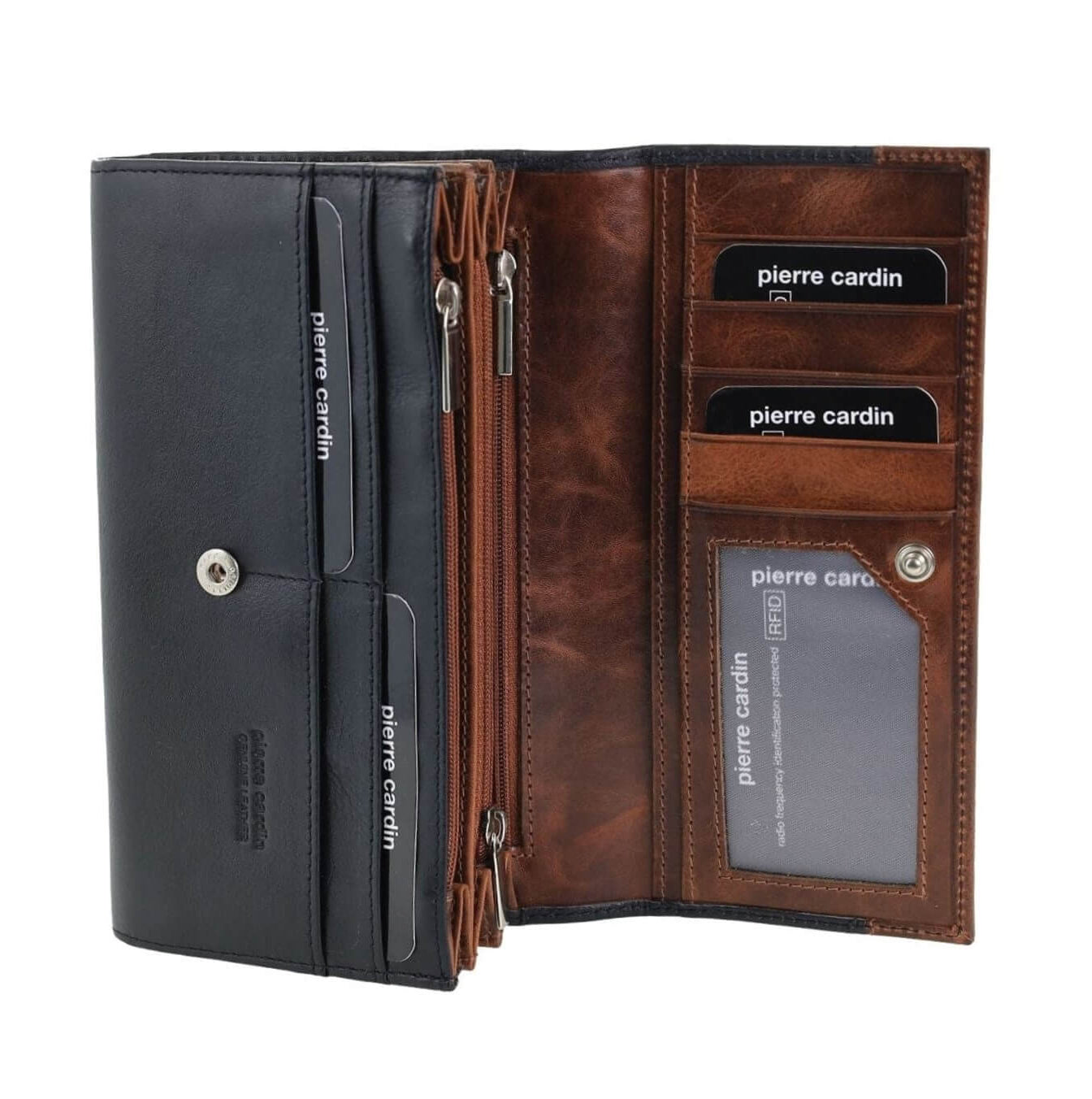 Pierre Cardin Ladies Rustic Leather Bi-fold Wallet in Black/Cognac