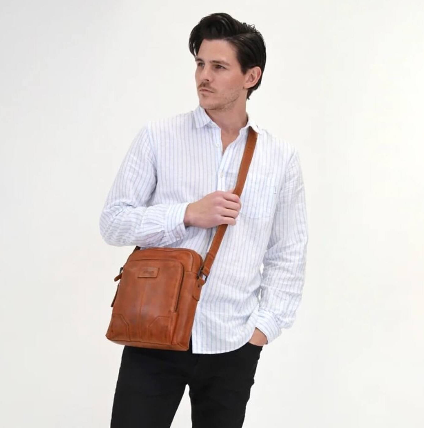 Pierre Cardin Men’s Rustic Leather Crossbody Bag in Cognac