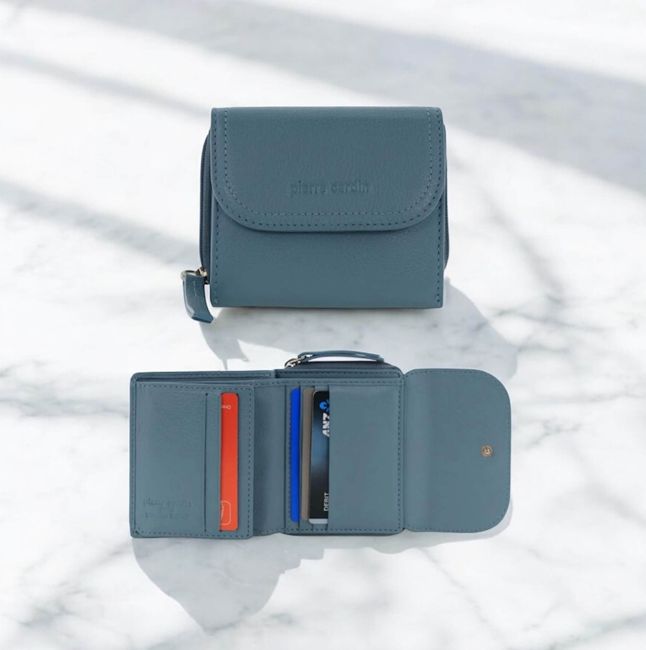 Pierre Cardin Ladies Tri-fold Tab Leather Wallet in Blue