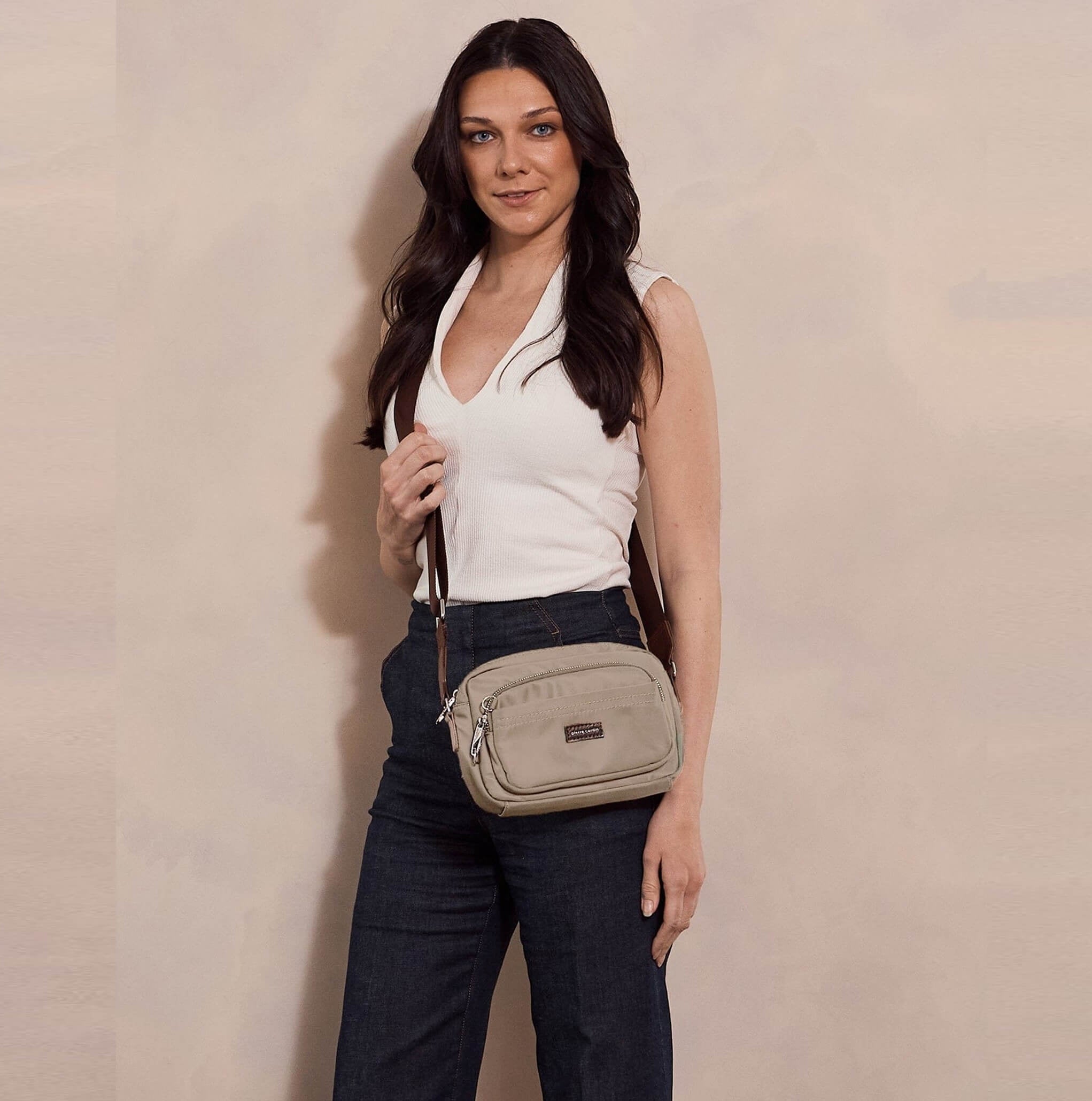 Pierre Cardin RFID Anti-Theft Nylon Crossbody Bag in Camel