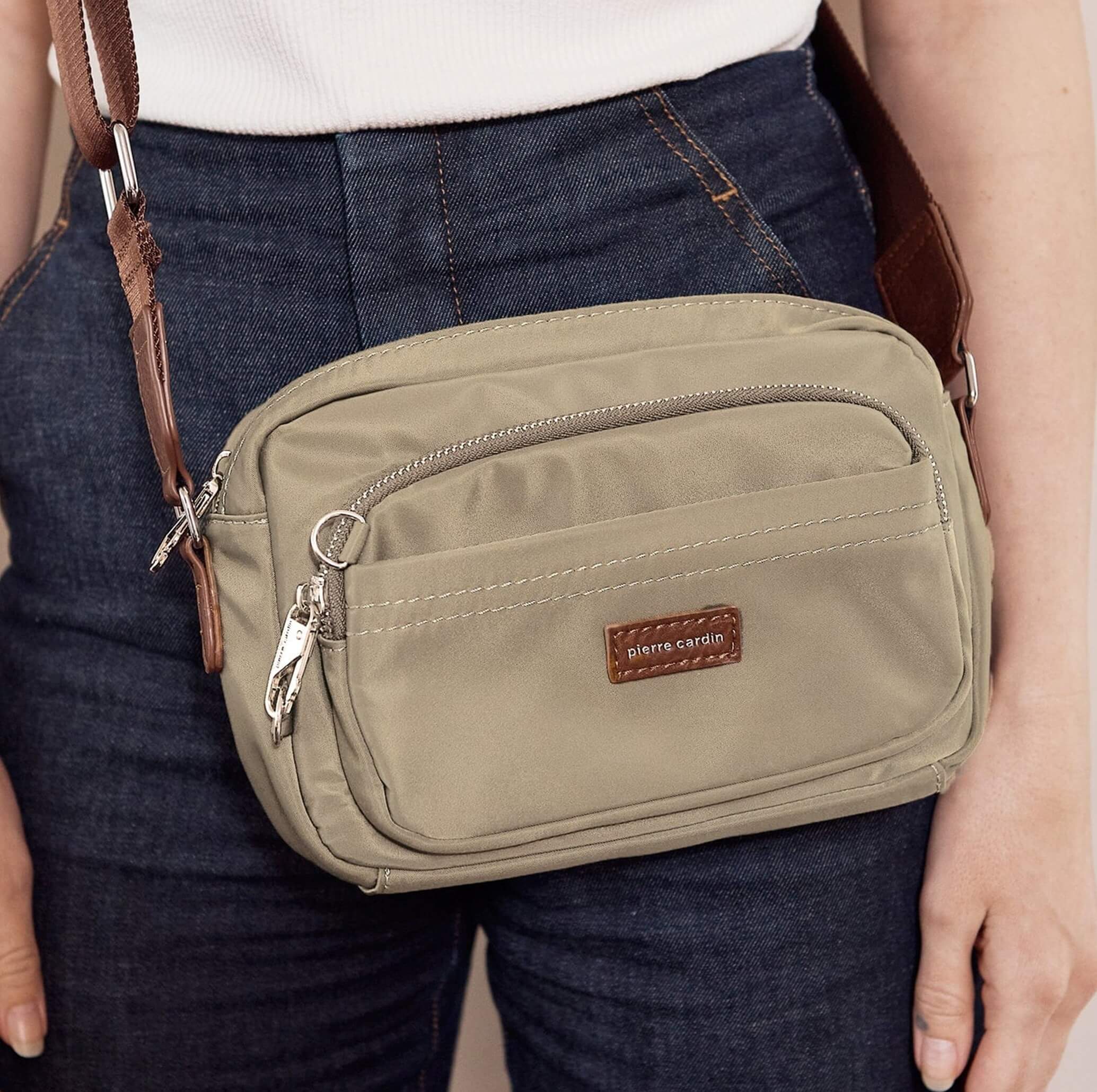 Pierre Cardin RFID Anti-Theft Nylon Crossbody Bag in Camel