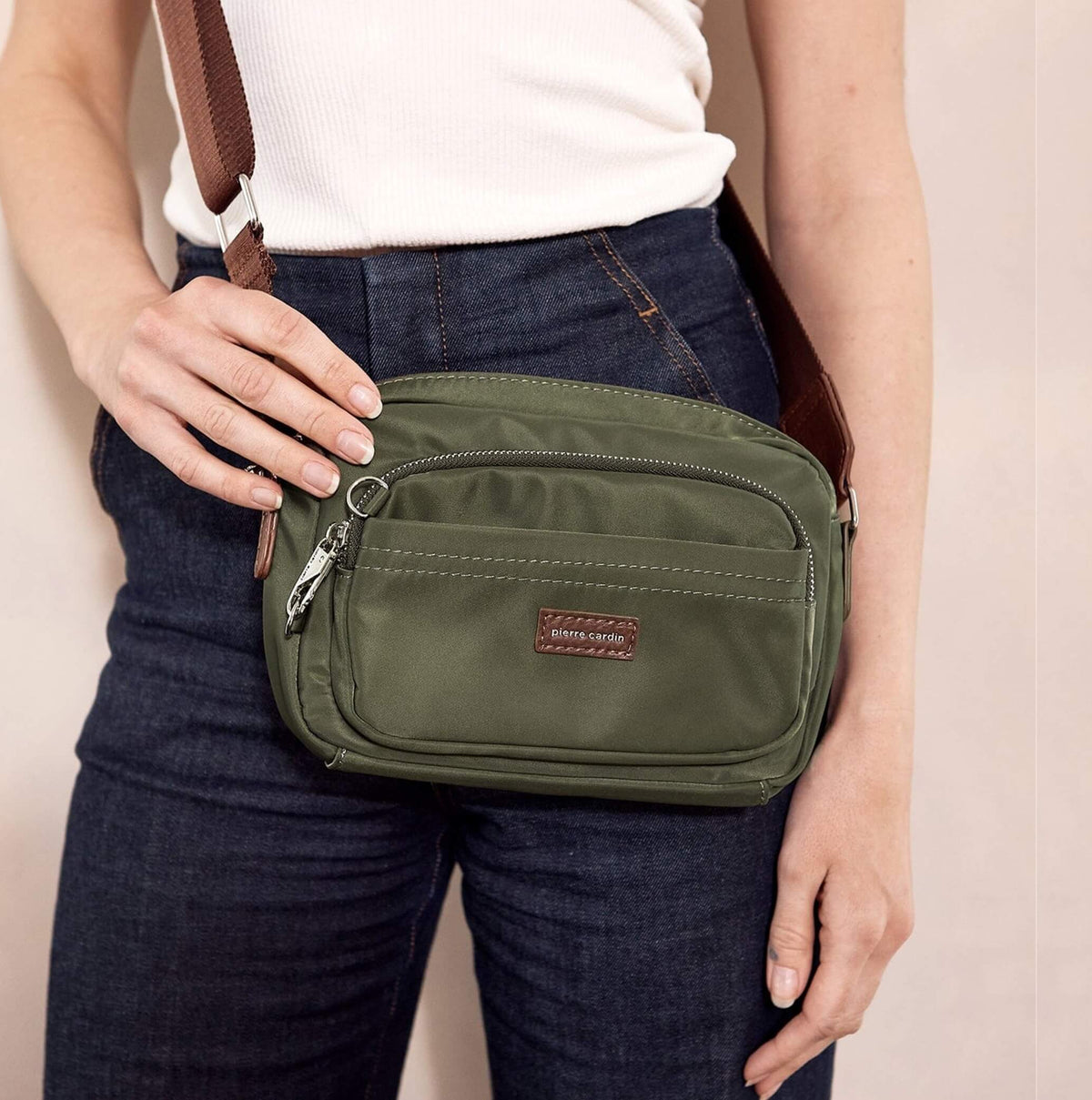 Pierre Cardin RFID Anti-Theft Nylon Crossbody Bag in Olive