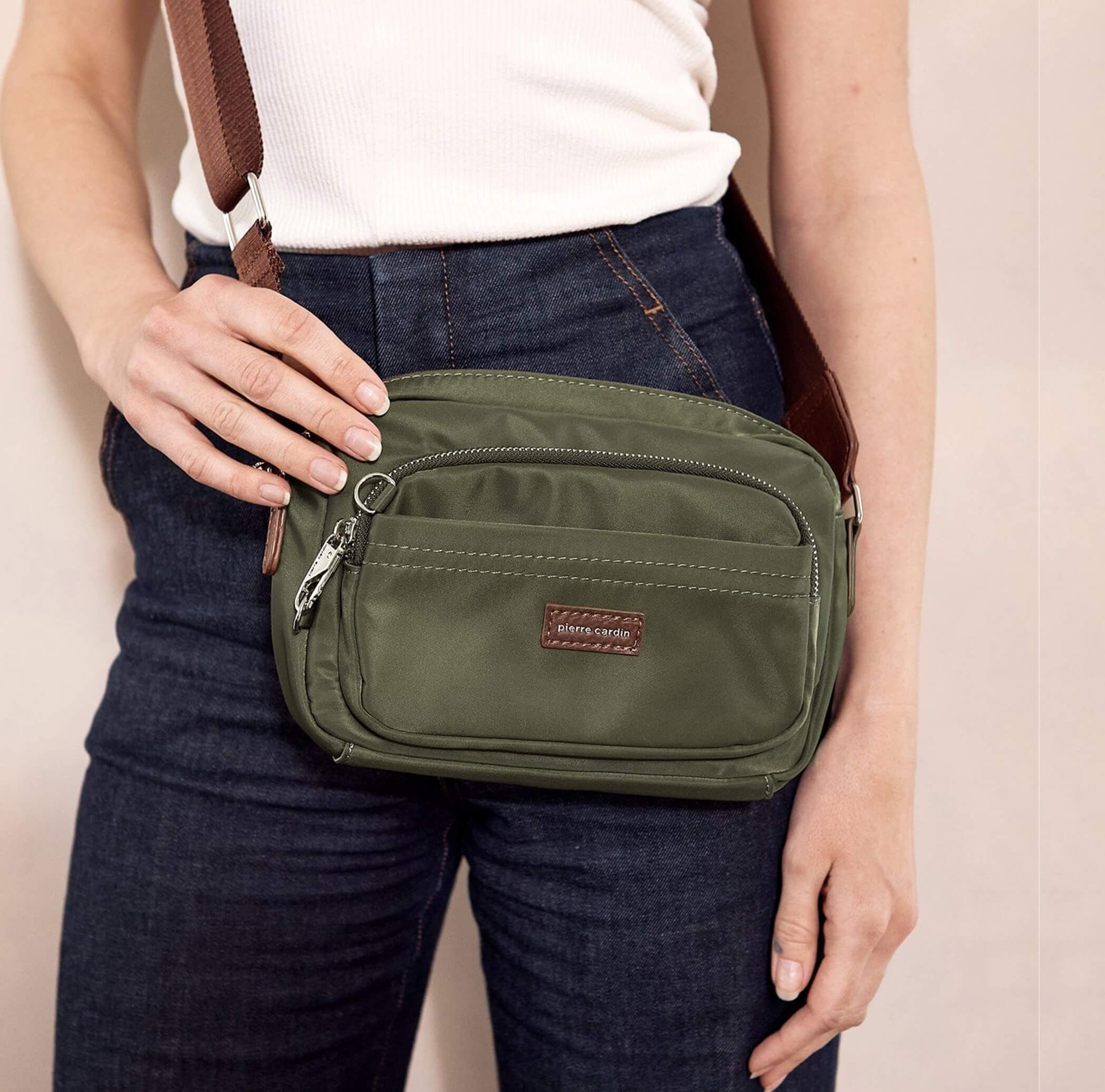 Pierre Cardin RFID Anti-Theft Nylon Crossbody Bag in Olive