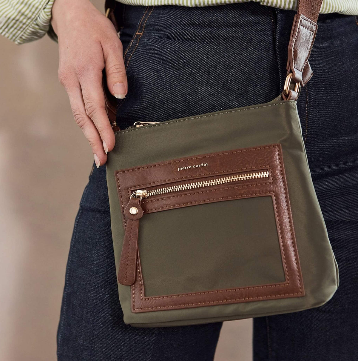 Pierre Cardin RFID Nylon Lightweight Crossbody Bag In Olive