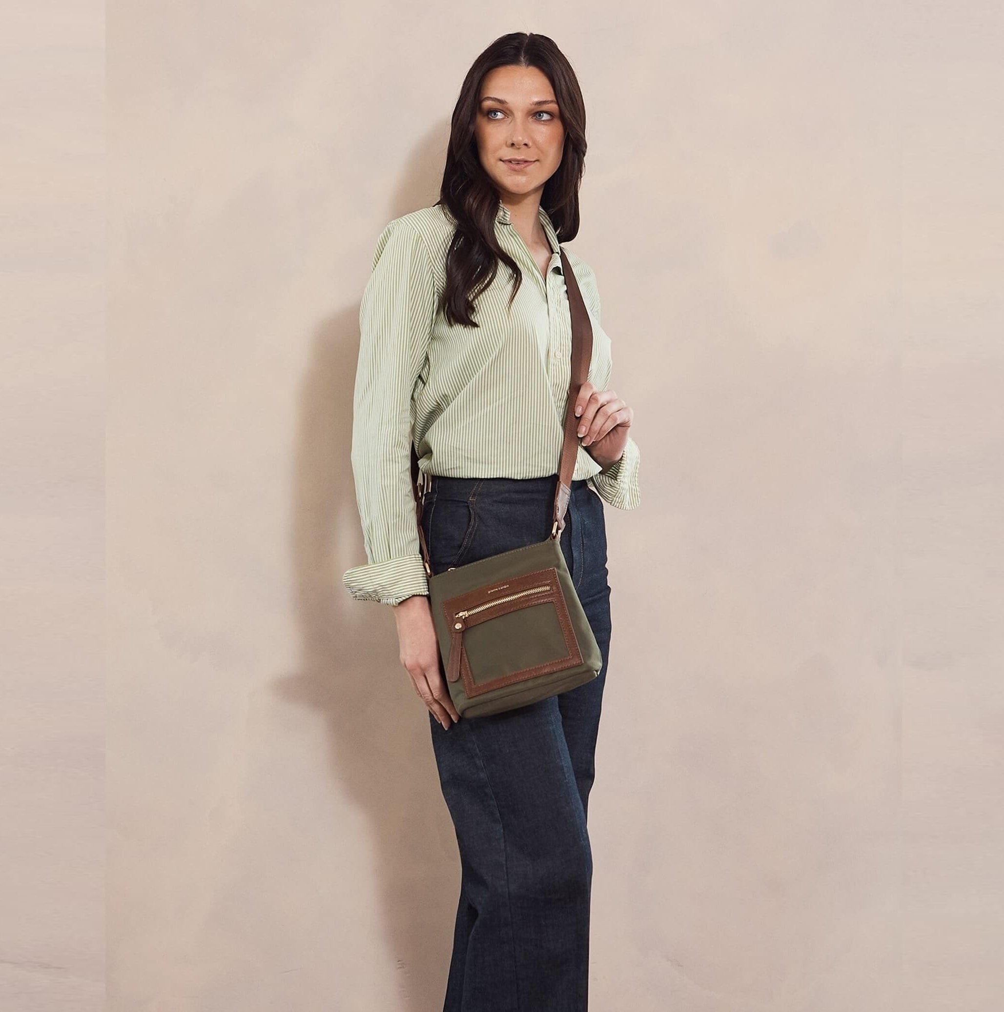 Pierre Cardin RFID Nylon Lightweight Crossbody Bag In Olive