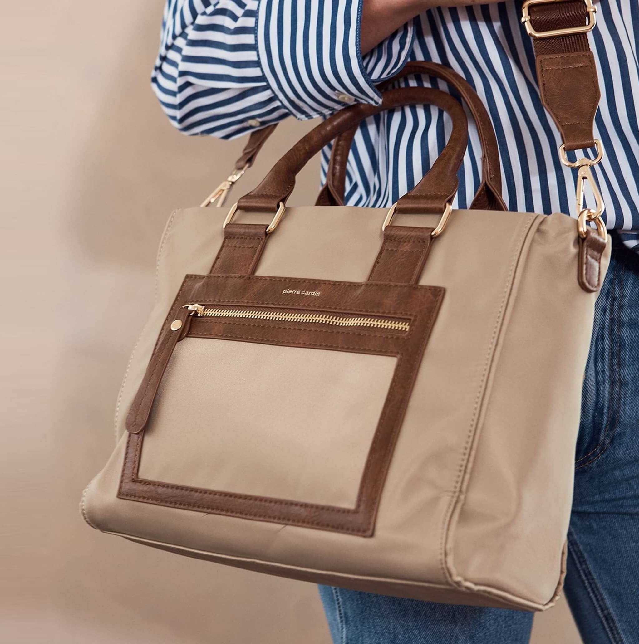 Pierre Cardin Nylon RFID Lightweight Mini Tote/Crossbody Bag In Camel