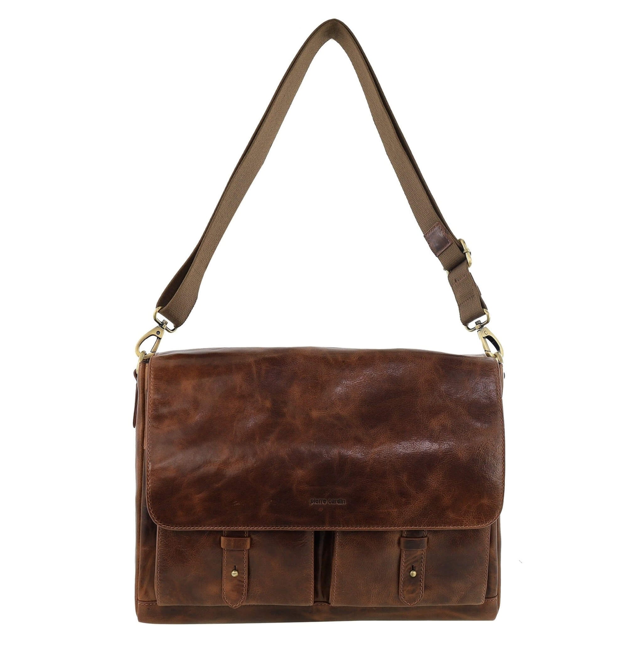Pierre Cardin Men's Leather Refined Messenger/Computer Bag in Cognac