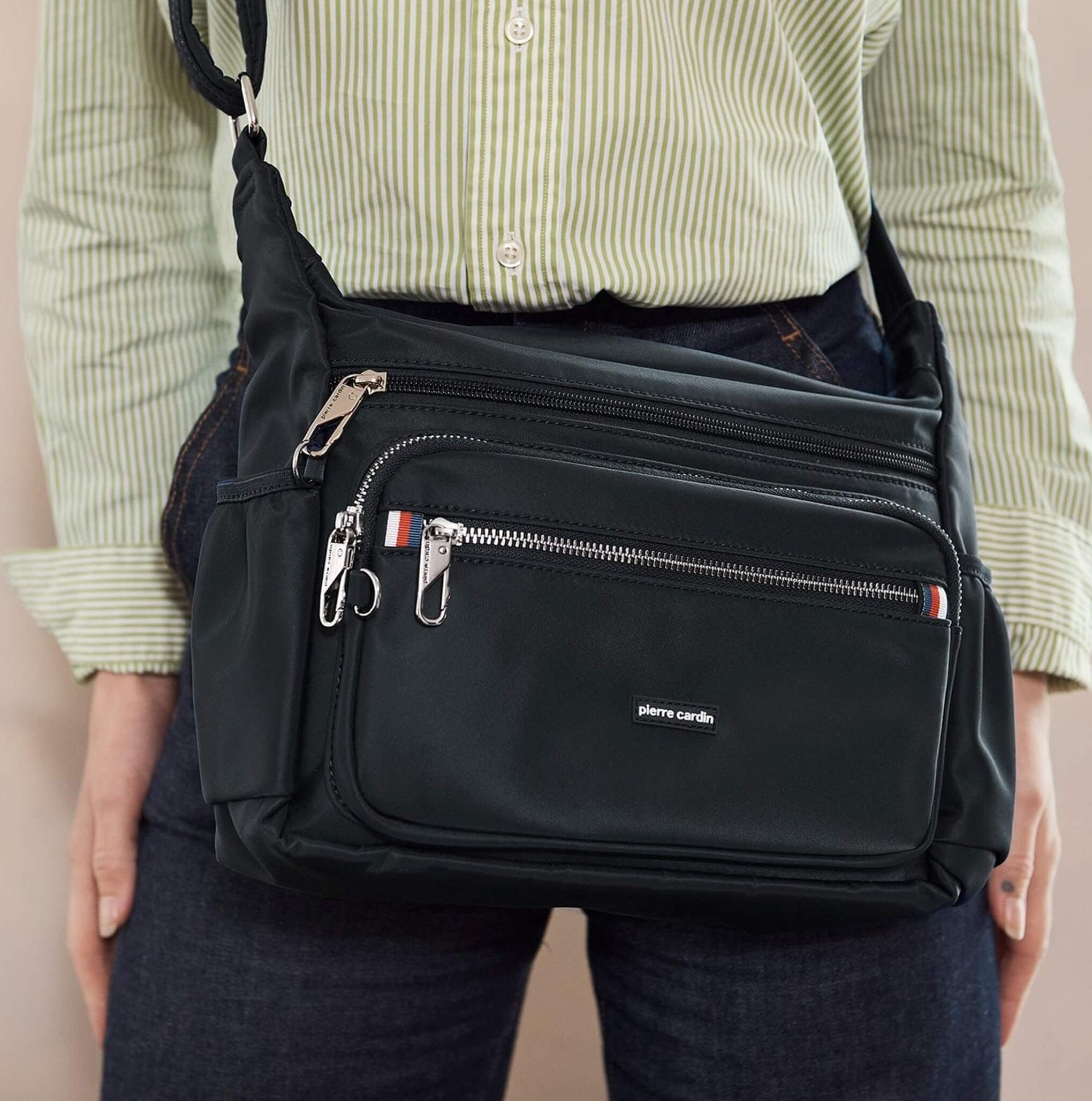 Pierre Cardin RFID Anti-Theft Nylon Crossbody Bag In Black