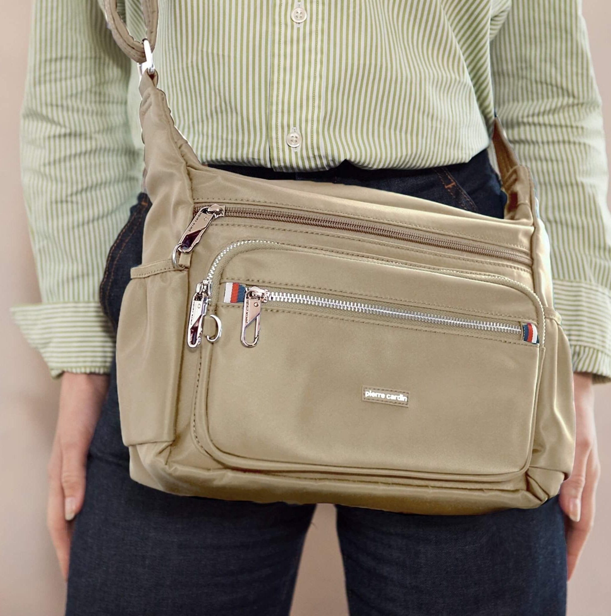 Pierre Cardin RFID Anti-Theft Nylon Crossbody Bag In Camel