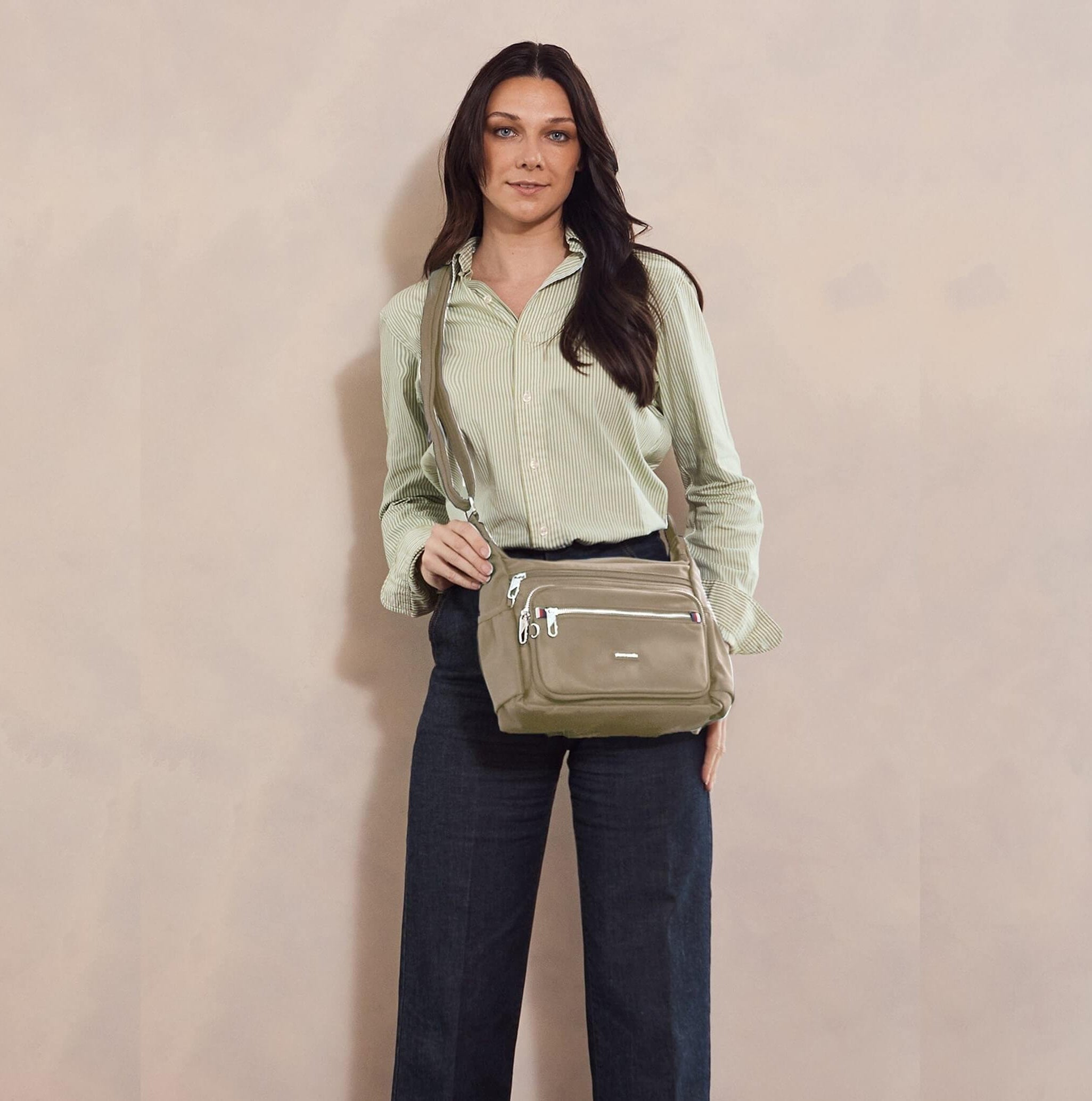 Pierre Cardin RFID Anti-Theft Nylon Crossbody Bag In Camel
