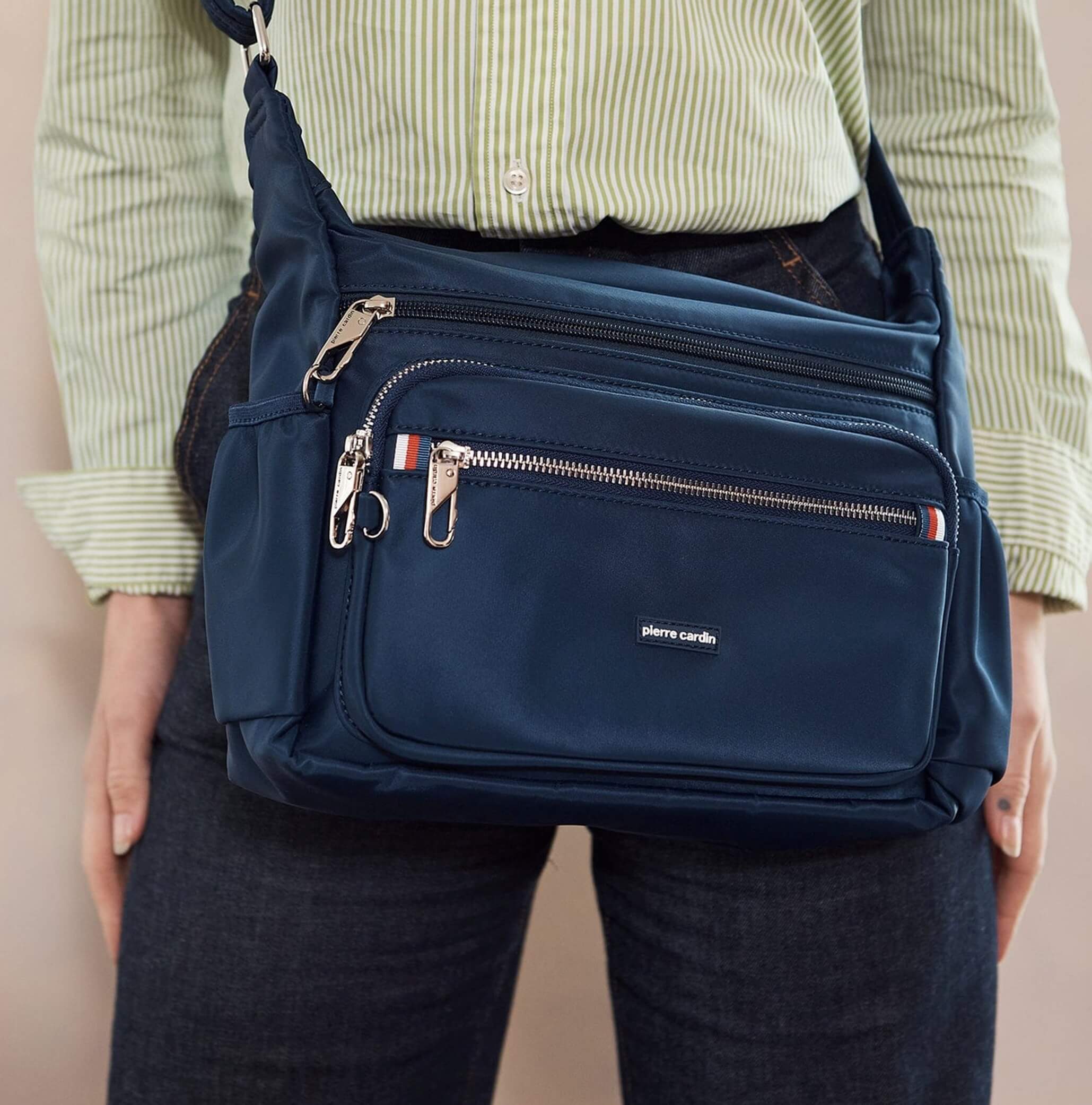 Pierre Cardin RFID Anti-Theft Nylon Crossbody Bag In Navy