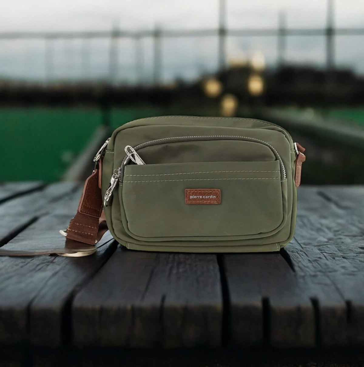Pierre Cardin RFID Anti-Theft Nylon Crossbody Bag in Olive